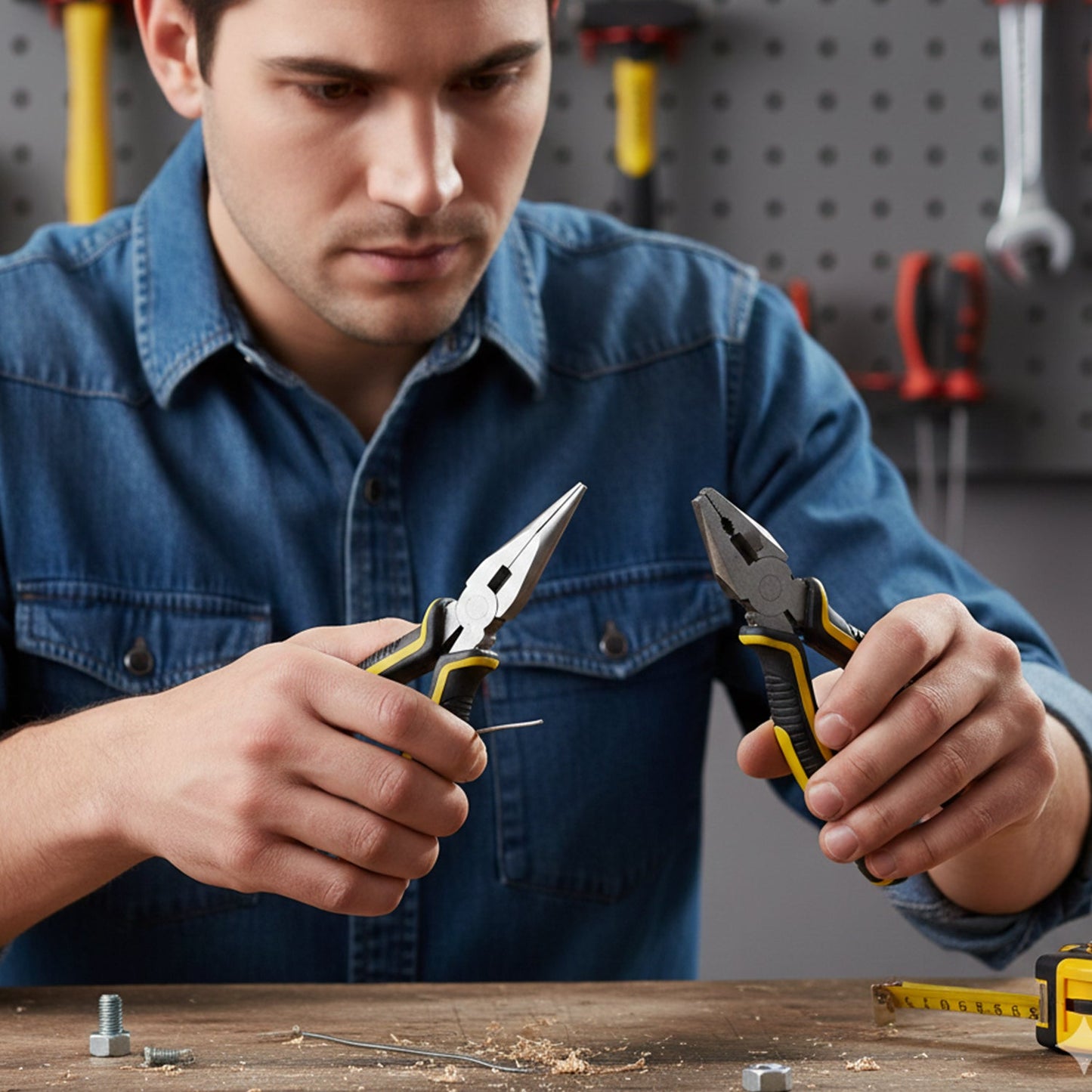 Combination pliers and long nose pliers displayed together, highlighting their robust design.