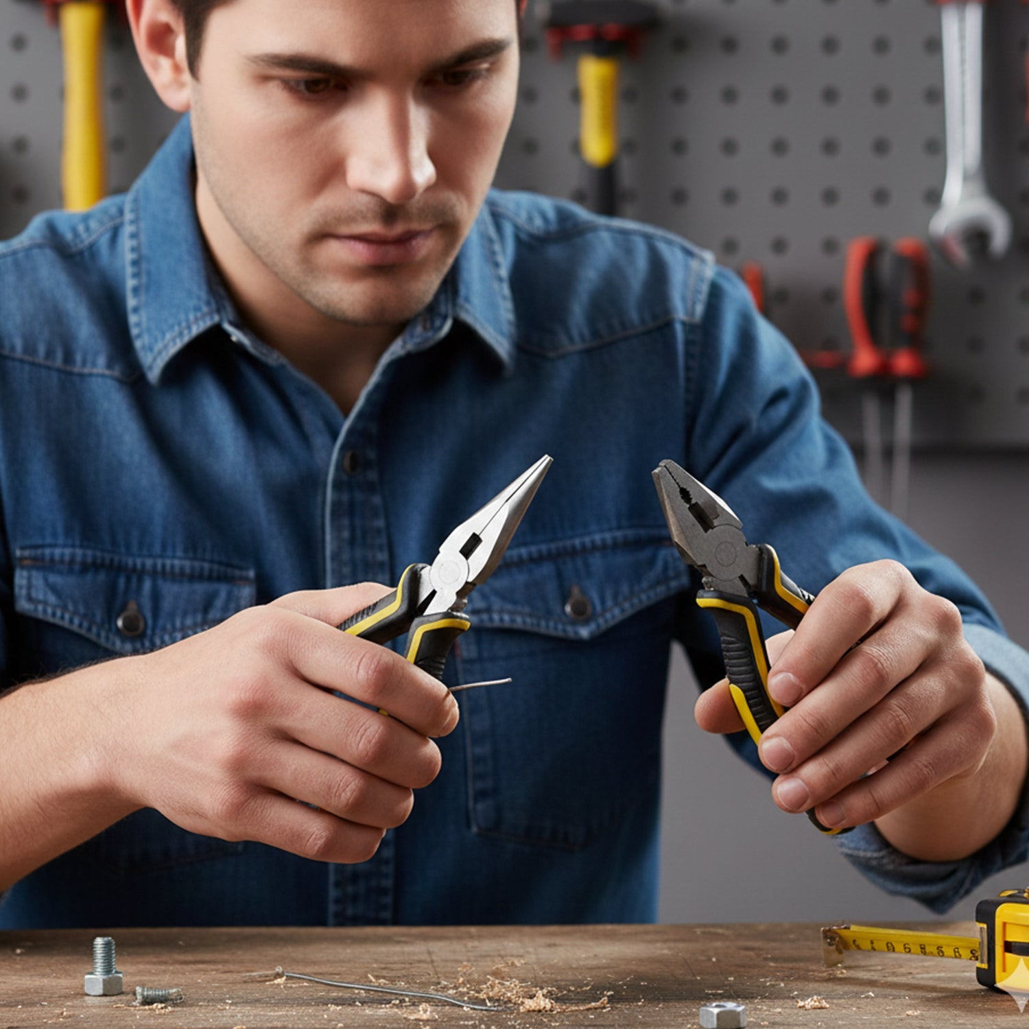 Combination pliers and long nose pliers displayed together, highlighting their robust design.