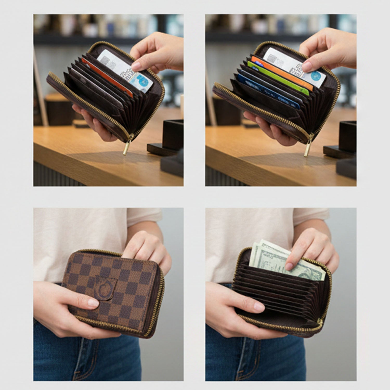 Close-up view of card holder wallet with zipper