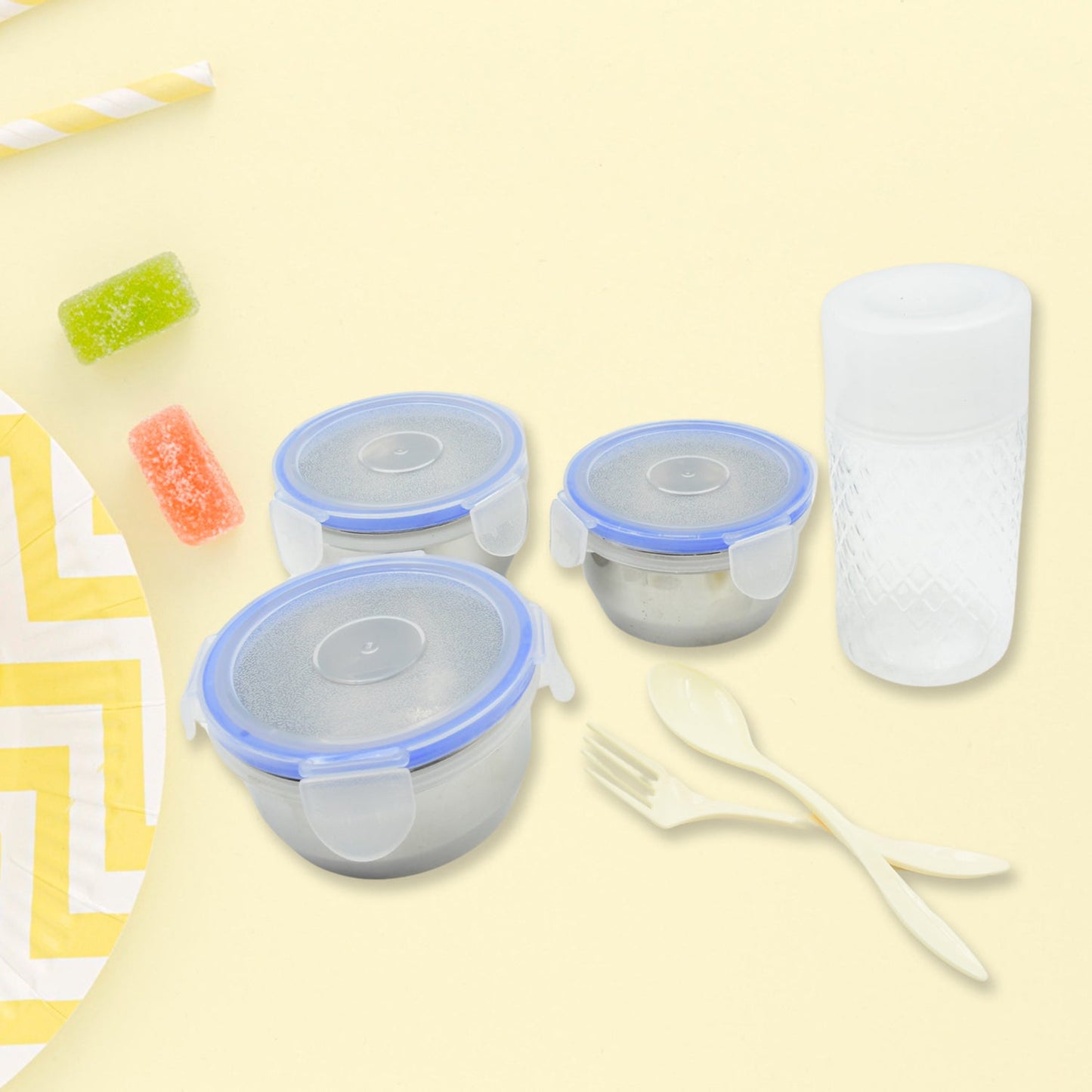 Stainless steel containers with airtight plastic lids, preventing leakage of liquids.