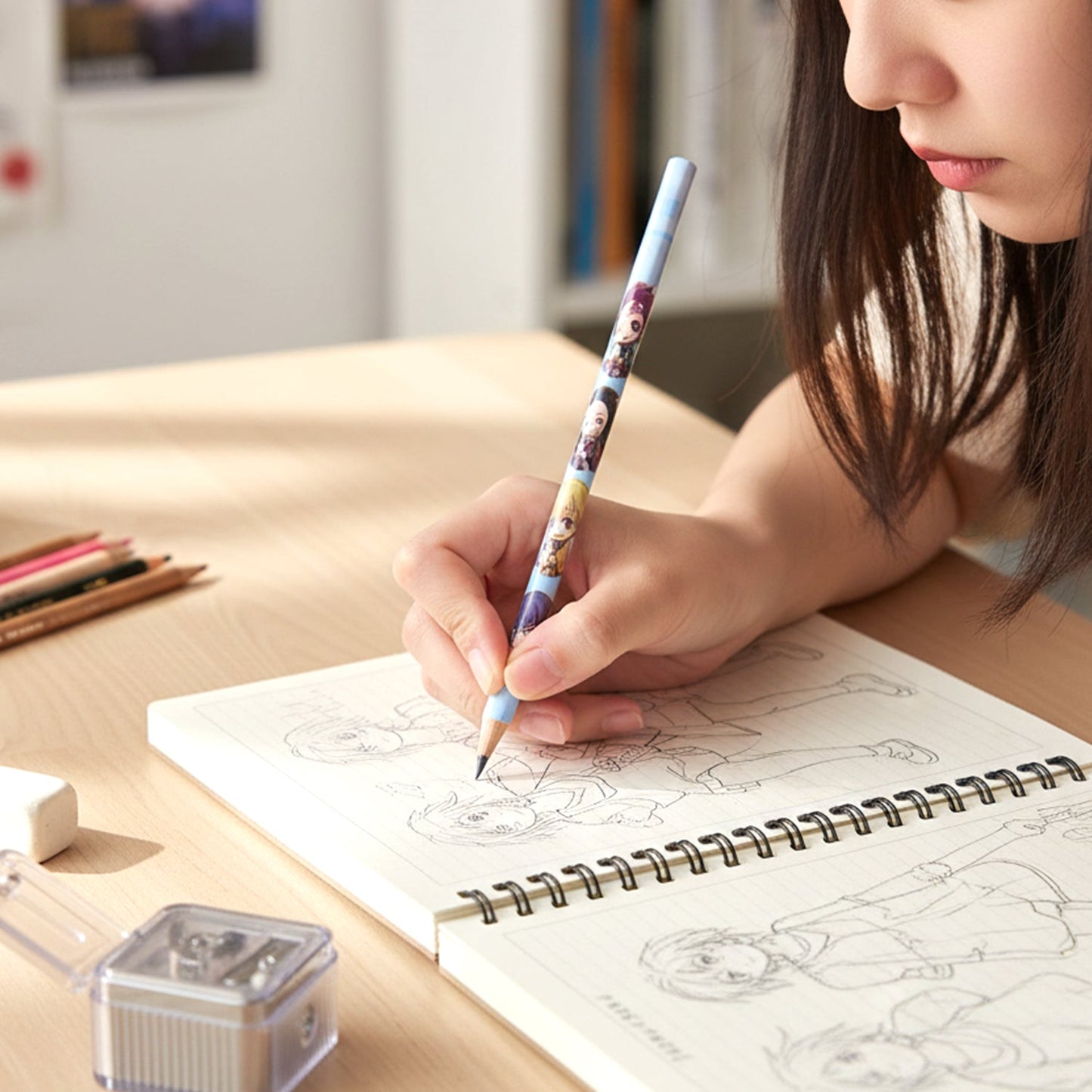Close-up view of a cartoon character printed pencil tip for smooth writing