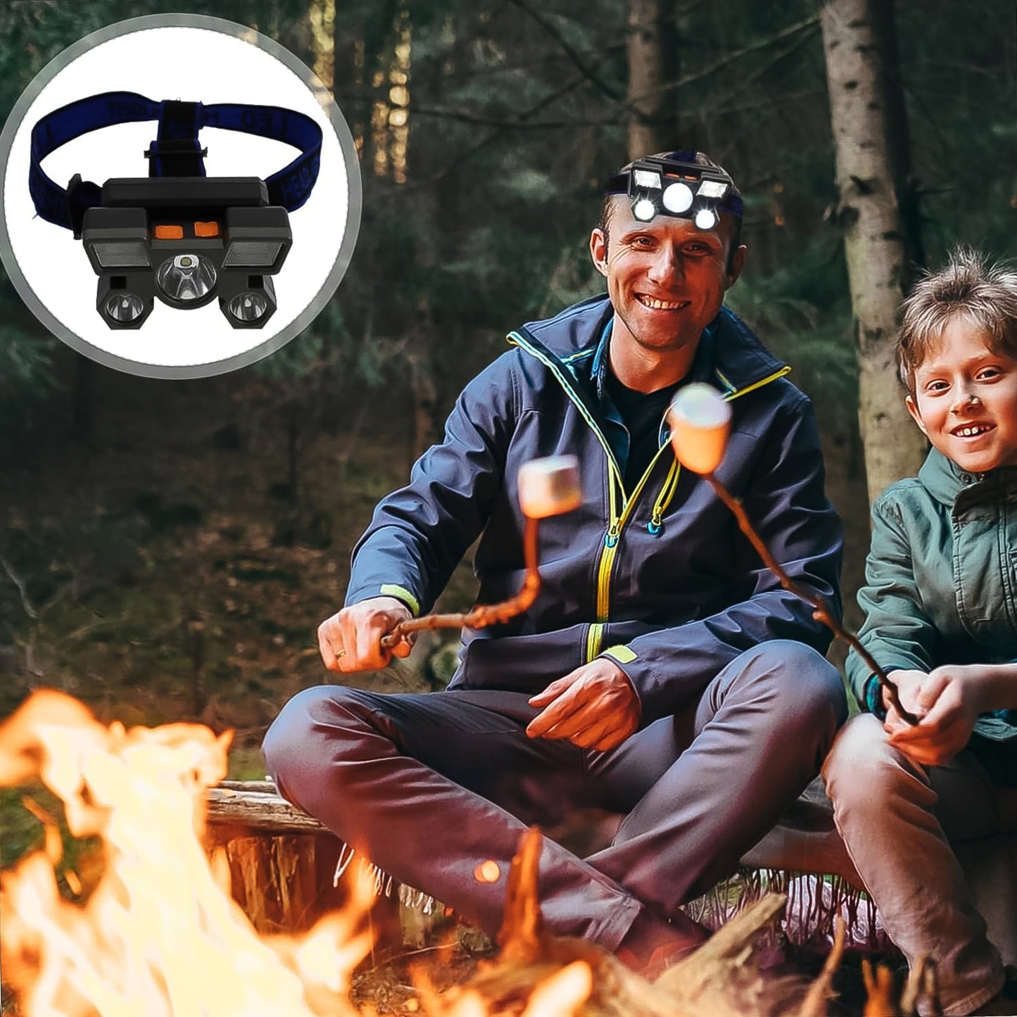 The 5 LED camping headlamp with its comfortable, adjustable head straps.