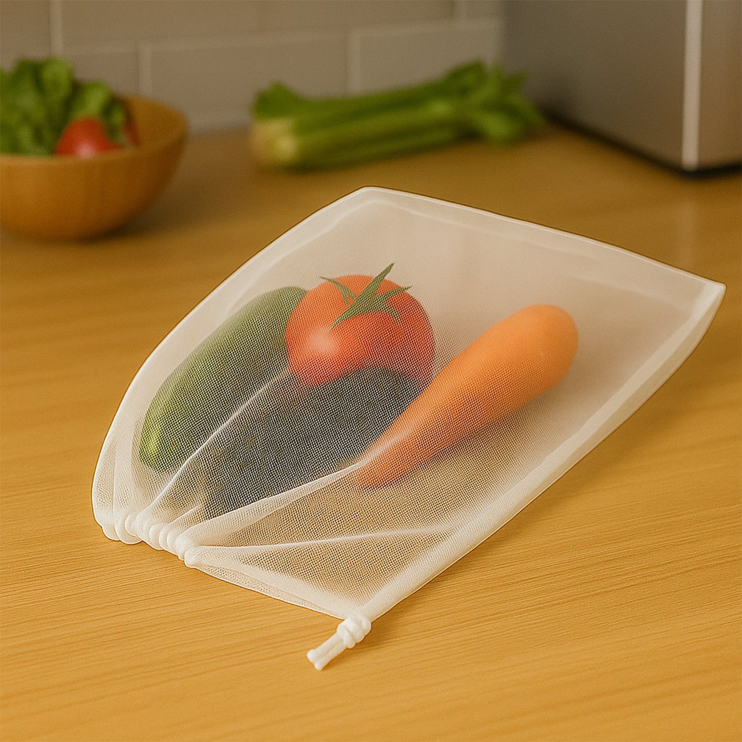 Durable reusable grocery mesh bag with secure drawstring closure