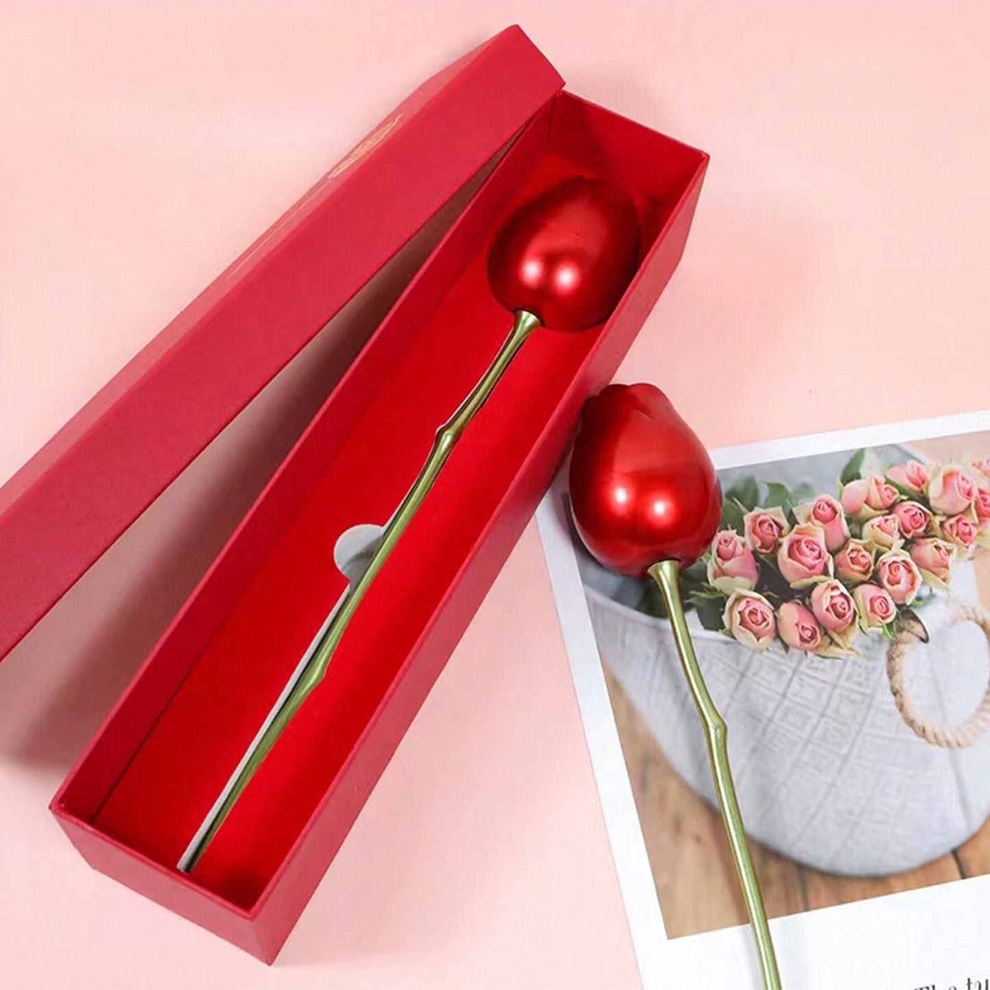 Elegant metal red rose jewelry box, perfect romantic gift for engagements.