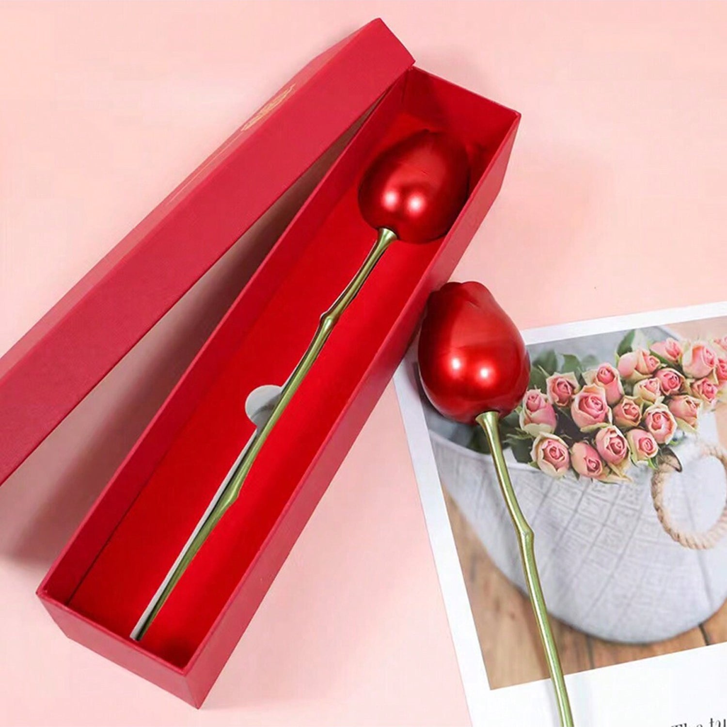 Elegant metal red rose jewelry box, perfect romantic gift for engagements.