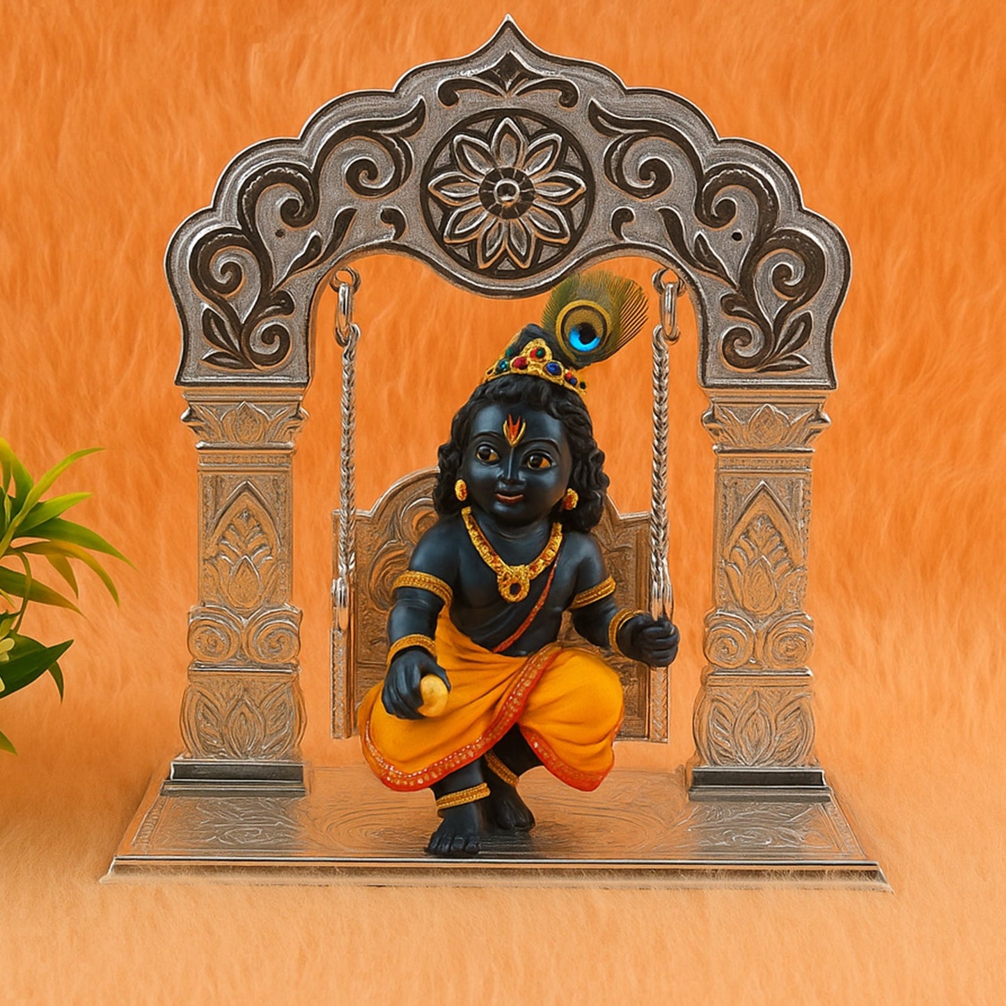 Krishna Kanha Jhula swing in silver metal for spiritual pooja décor