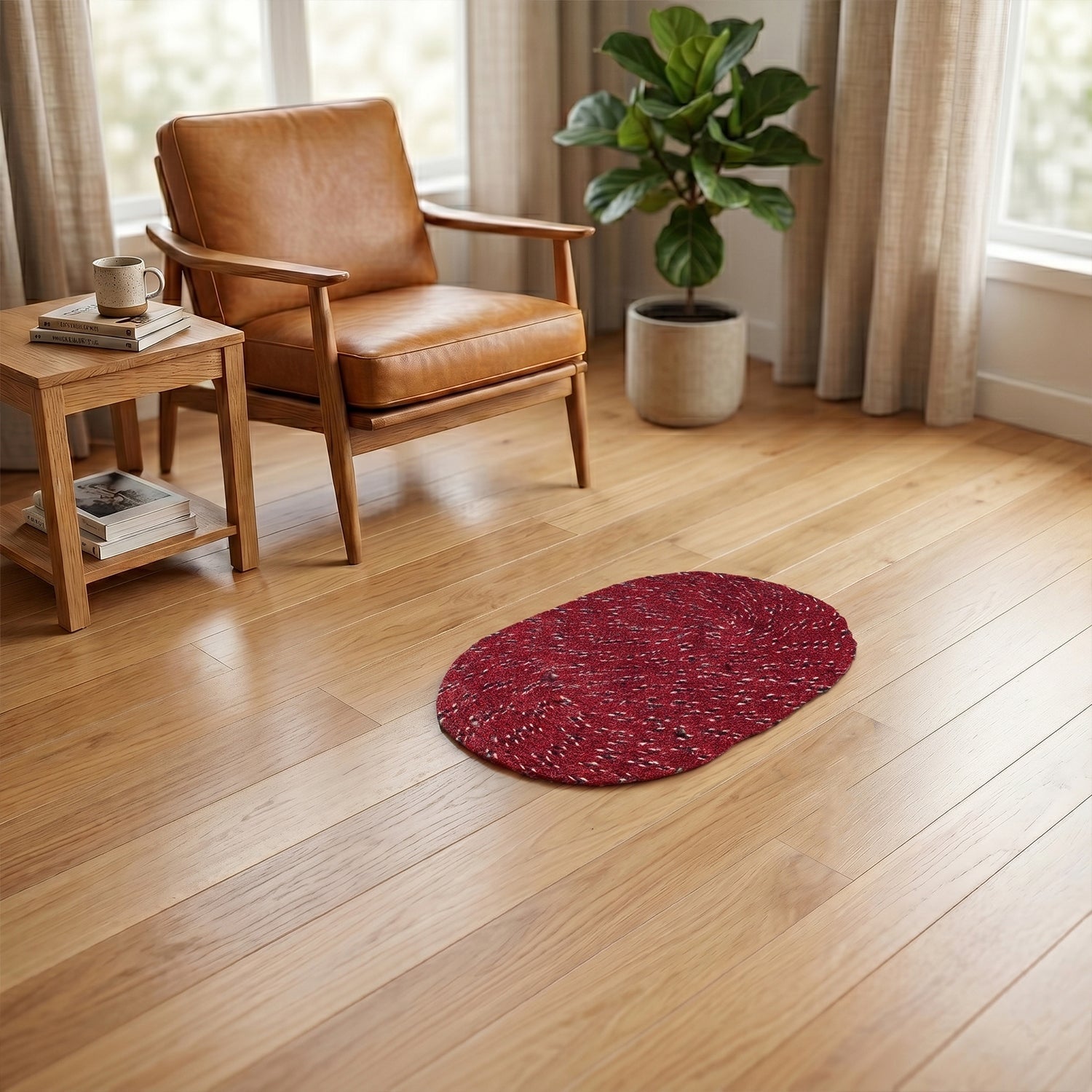 Red oval floor mat in a room setting for entryway decor