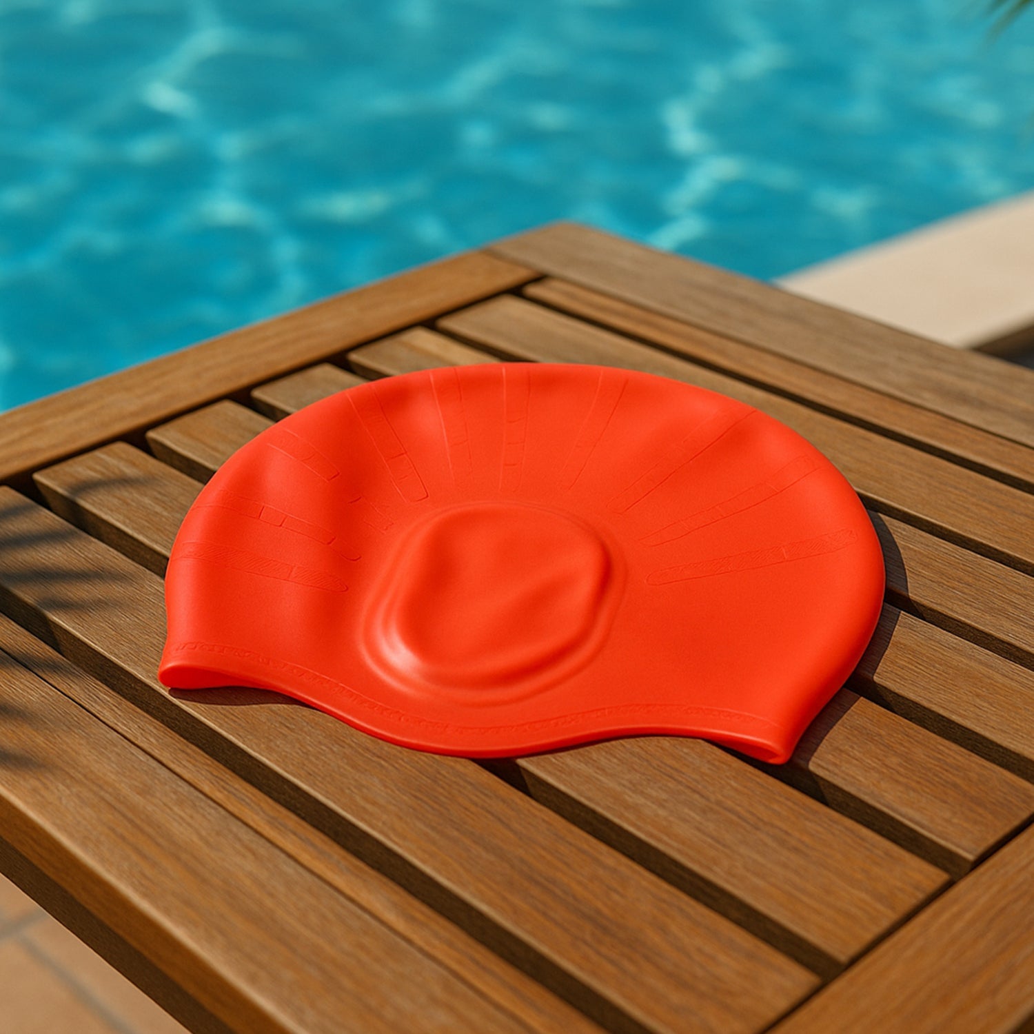 Swimmer wearing silicone swimming cap in pool