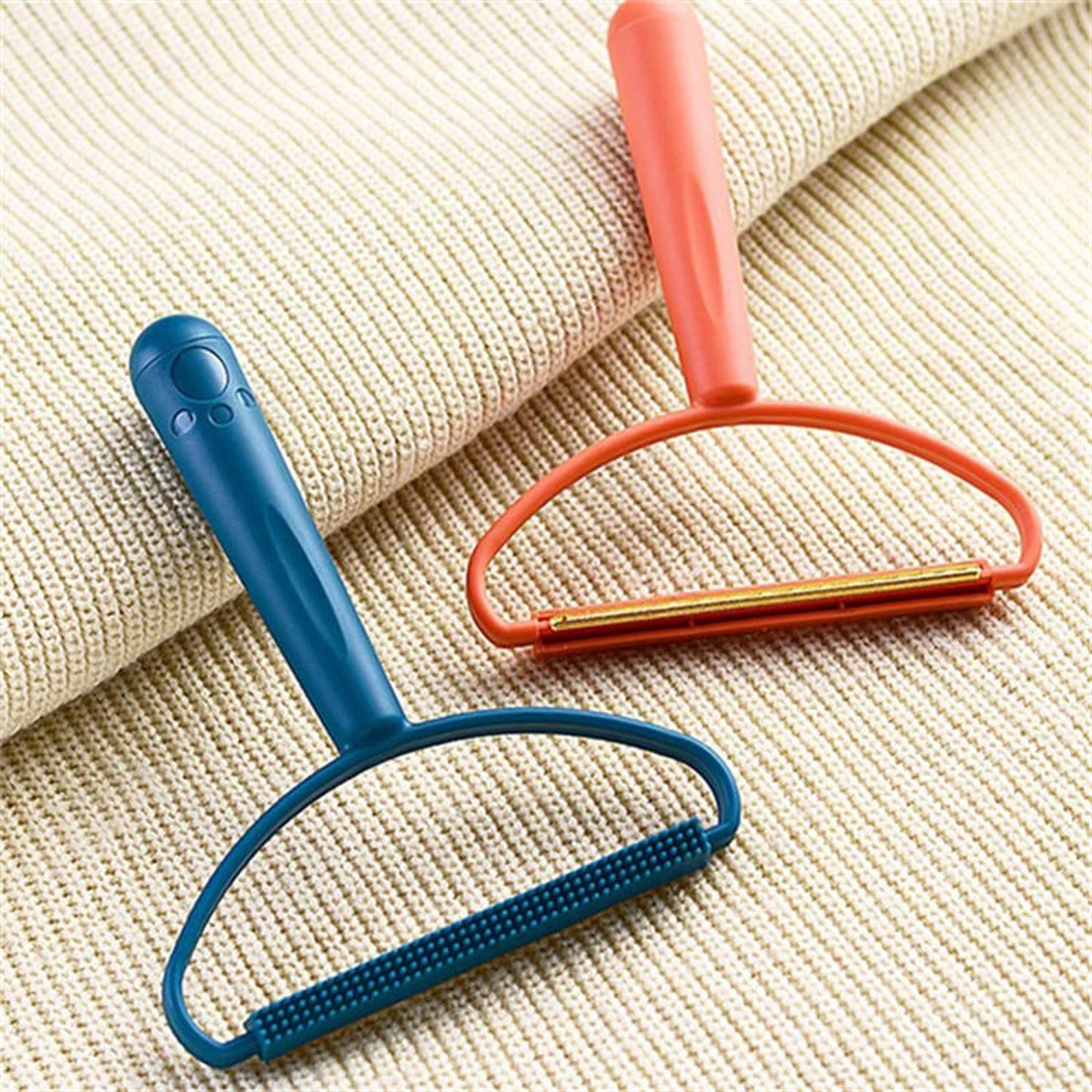 The versatile lint remover effectively cleaning lint and debris from a carpet surface using its copper blade.
