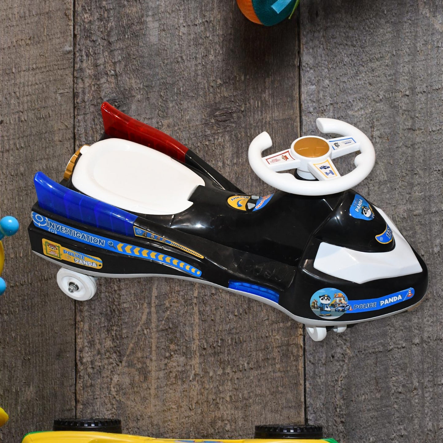Police Ride-On Toy Car highlighting anti-slip footboard and safety features