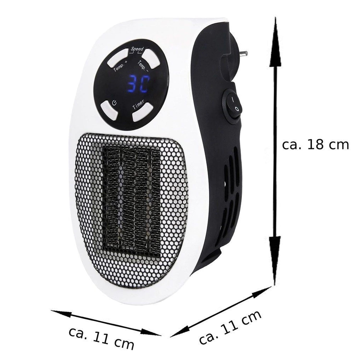 Energy-saving desktop heater plugged directly into a wall socket with its 360-degree rotating plug.