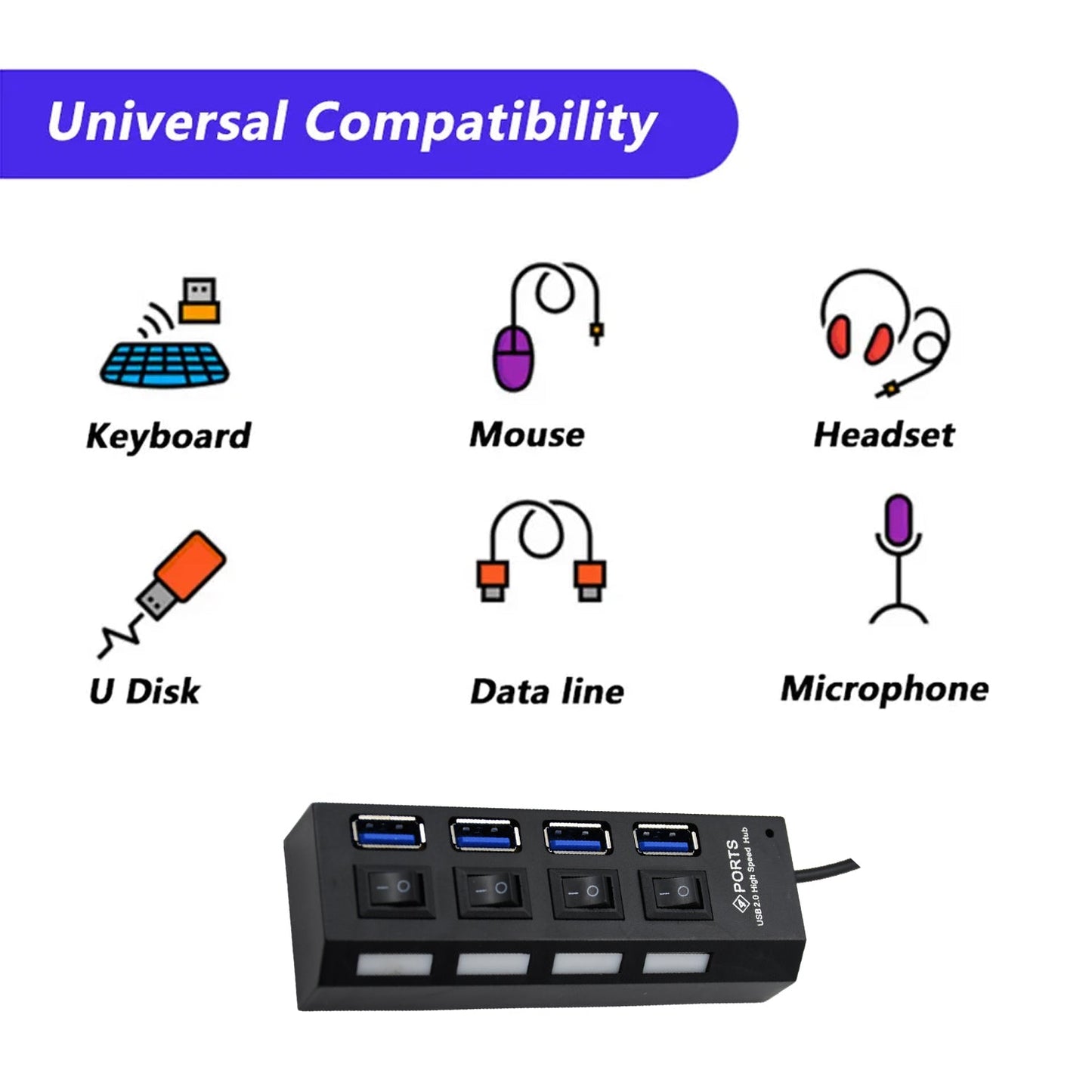 Close-up of the high-speed 4 Port USB Hub, ready for connecting peripherals.