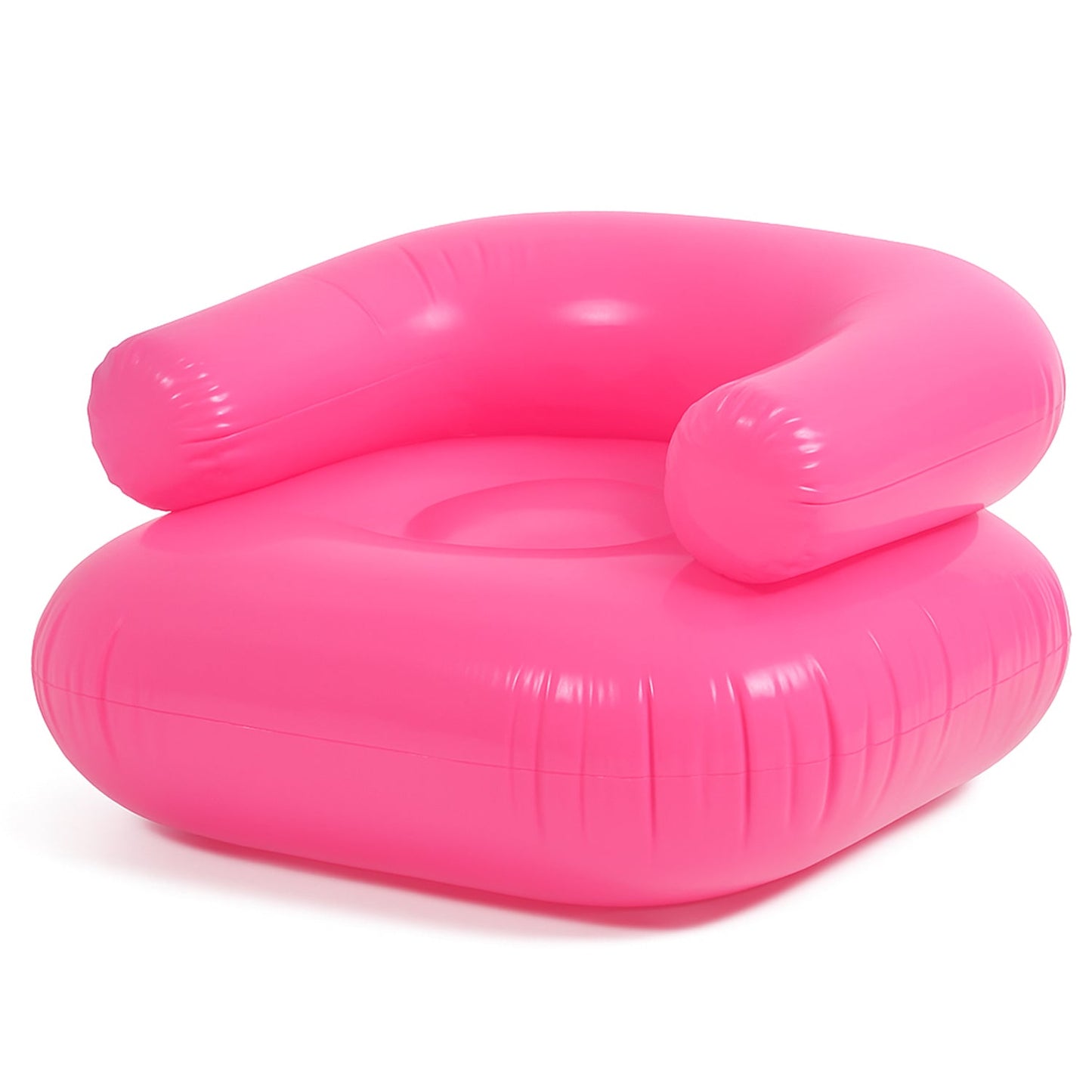 Blue inflatable kids chair set up in an outdoor camping scene.