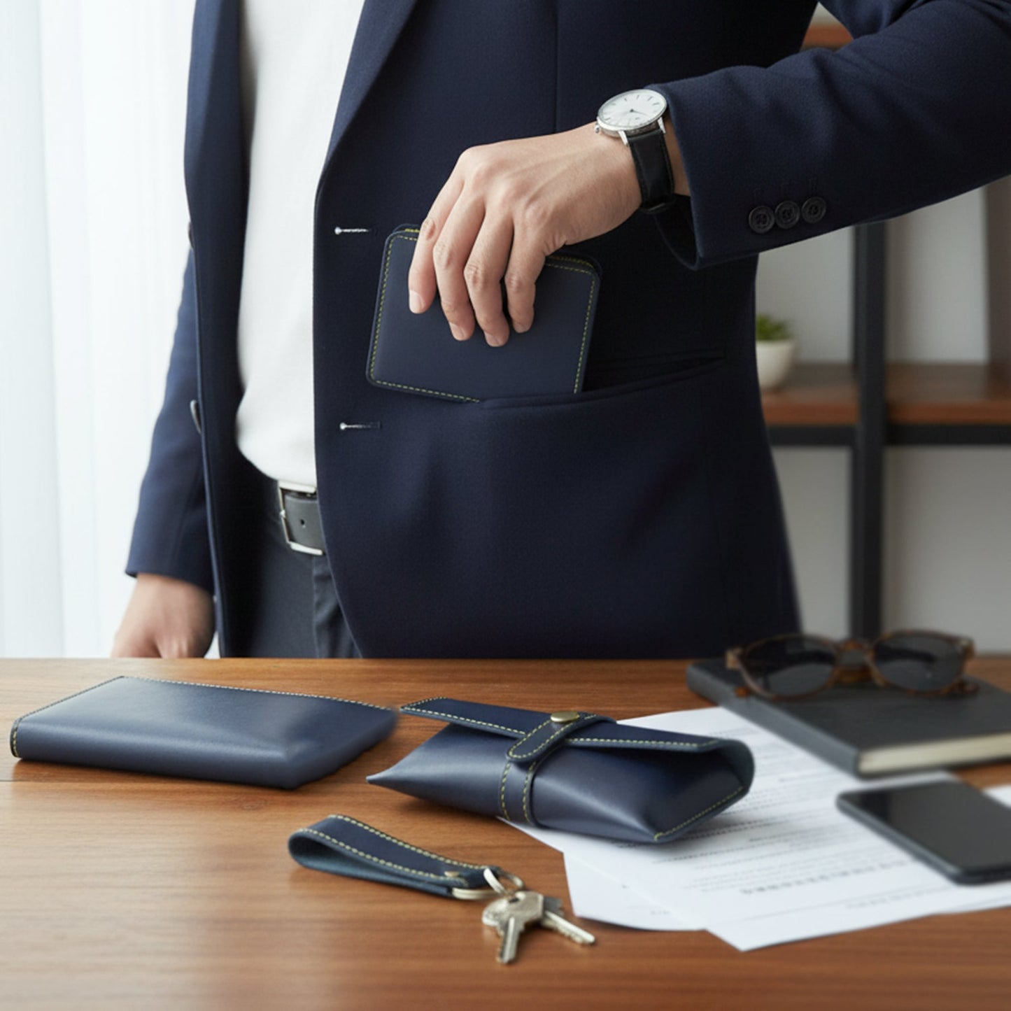 Premium men's gift set with wallet, card holder, keychain, and pouch