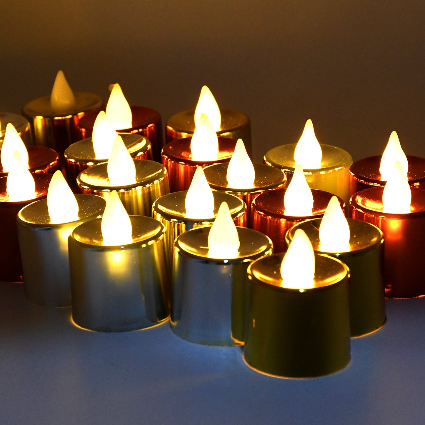 Top-down view of glowing LED Diyas, perfect for creating ambiance.