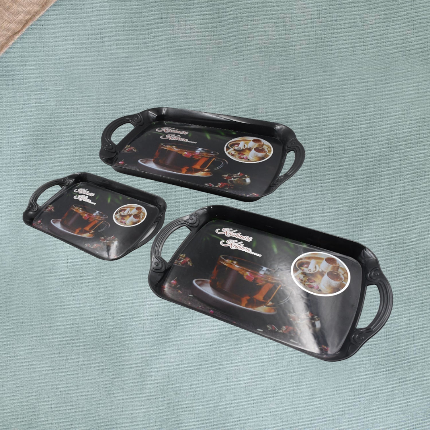 Multicolor rectangular serving tray set of 3, suitable for serving guests or home decoration.