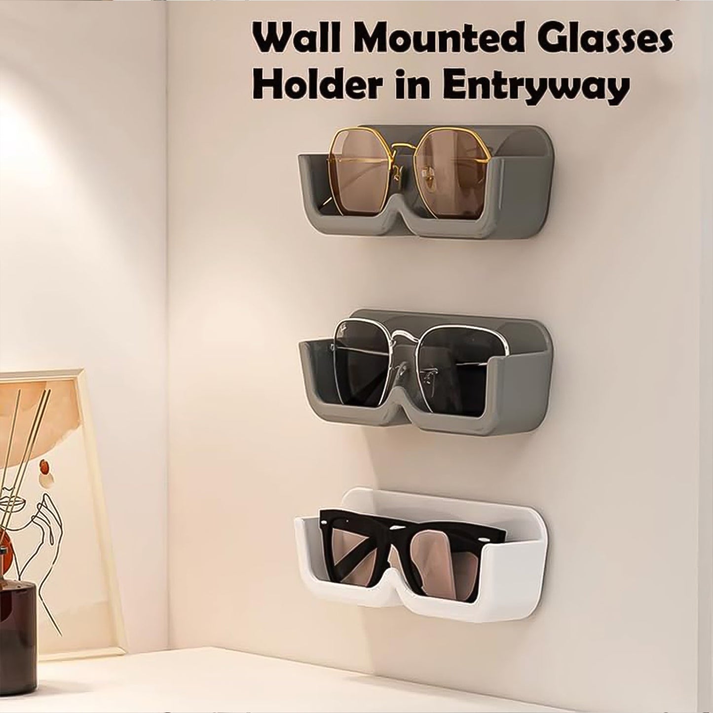 Demonstration of the sunglasses holder installation, highlighting its strong adhesive backing.