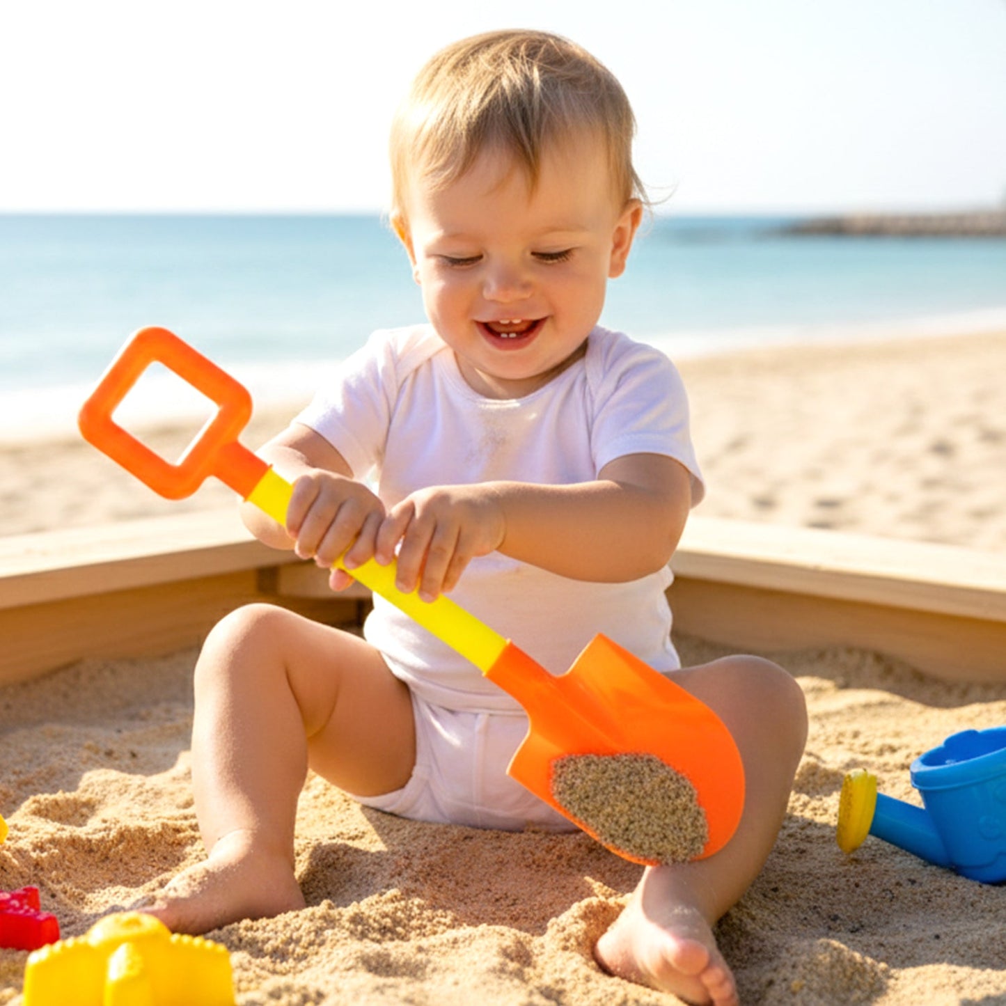 Brightly colored plastic beach spade designed for kids' outdoor play