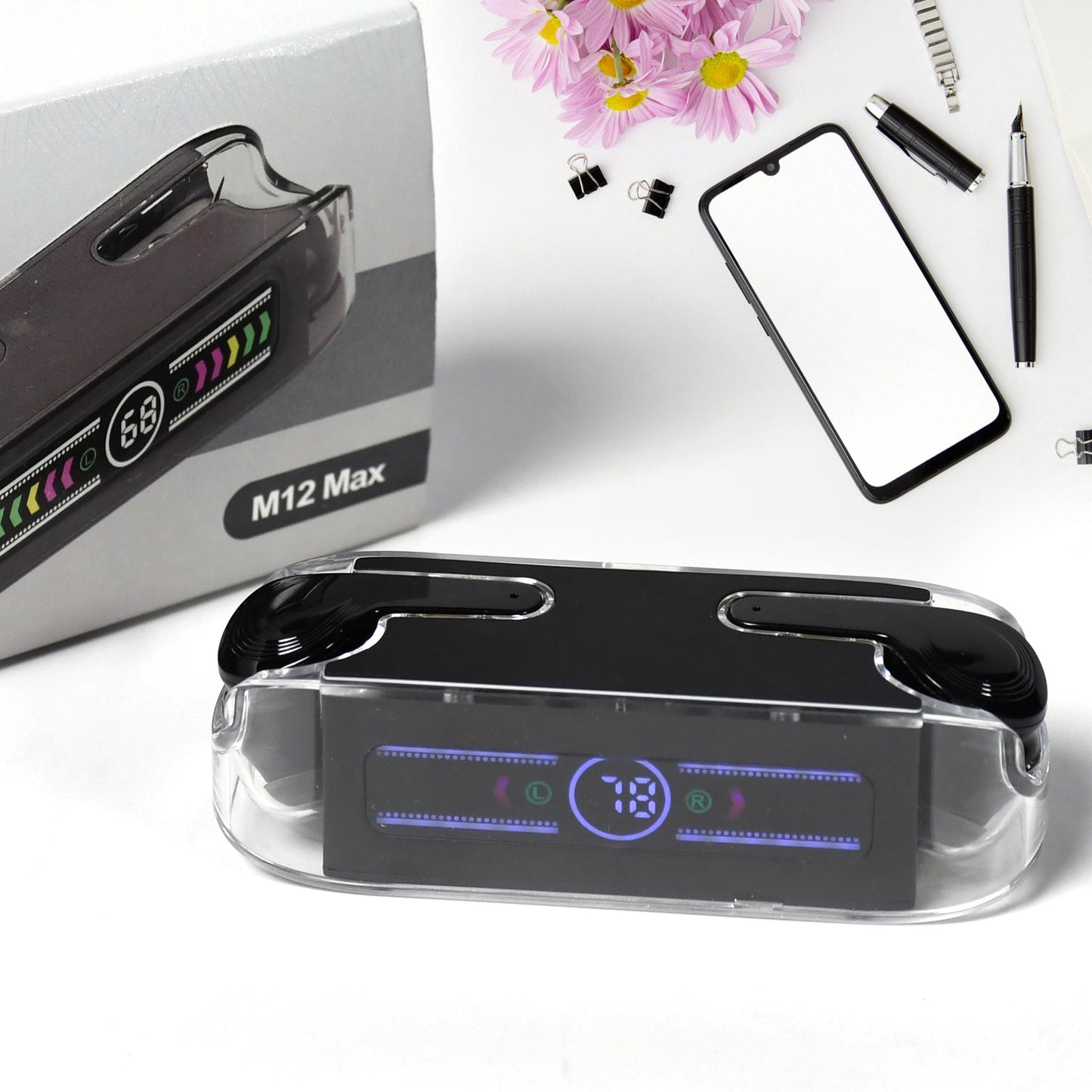 M12 Max Wireless Earbuds with visible touch control zones for easy operation.
