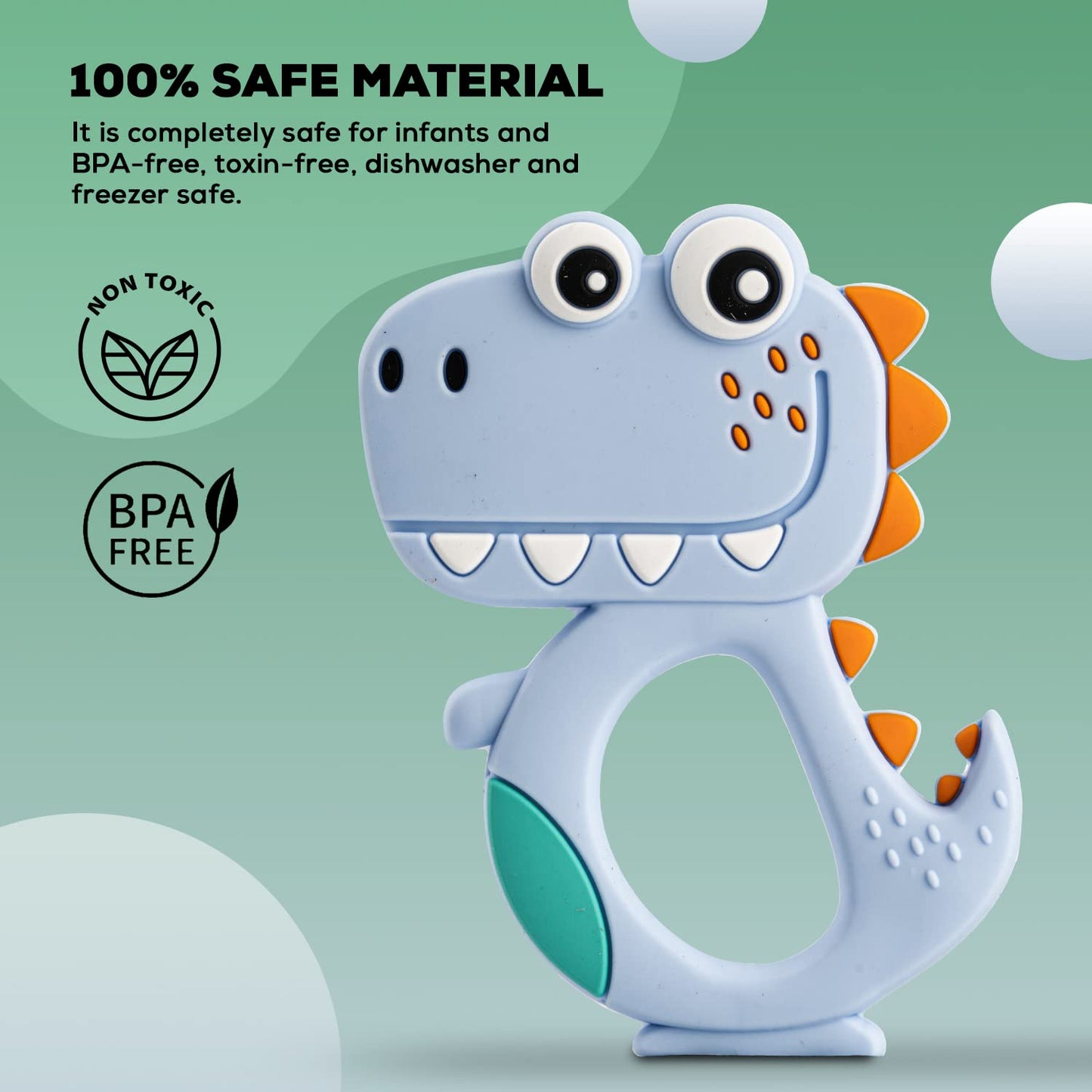 Close-up showing flexible, safe silicone dinosaur baby teether texture