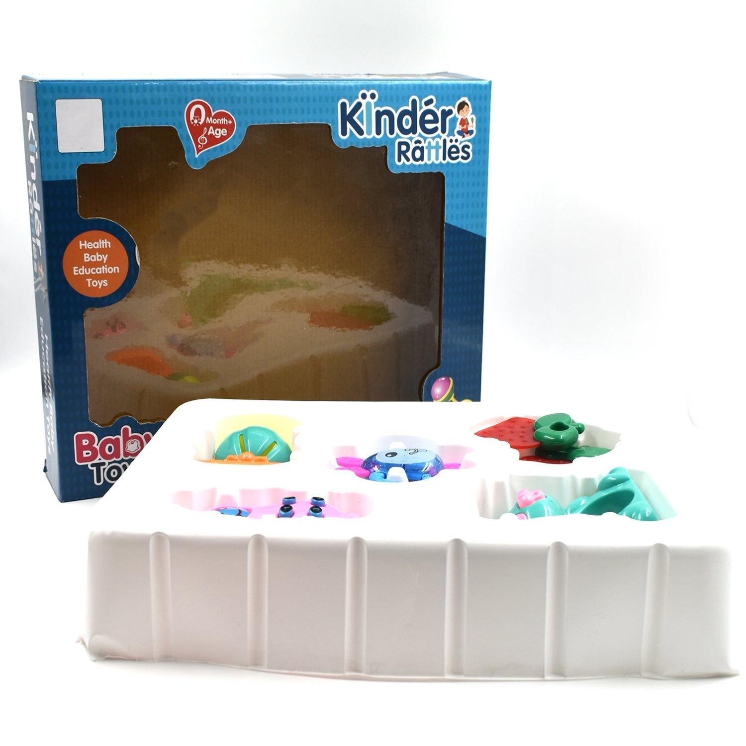 A single baby rattle featuring various textures and colors for early childhood fun.
