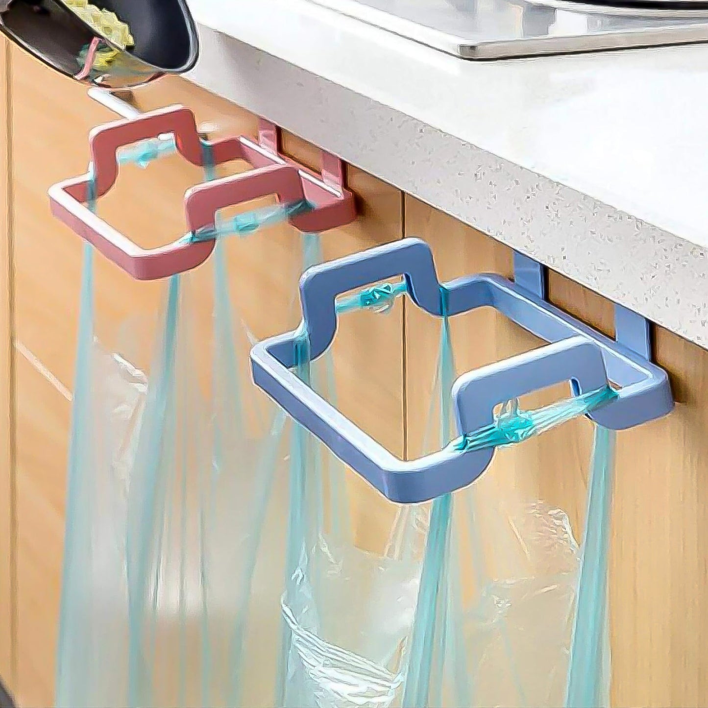Front view of the durable plastic garbage bag holder for kitchen storage.