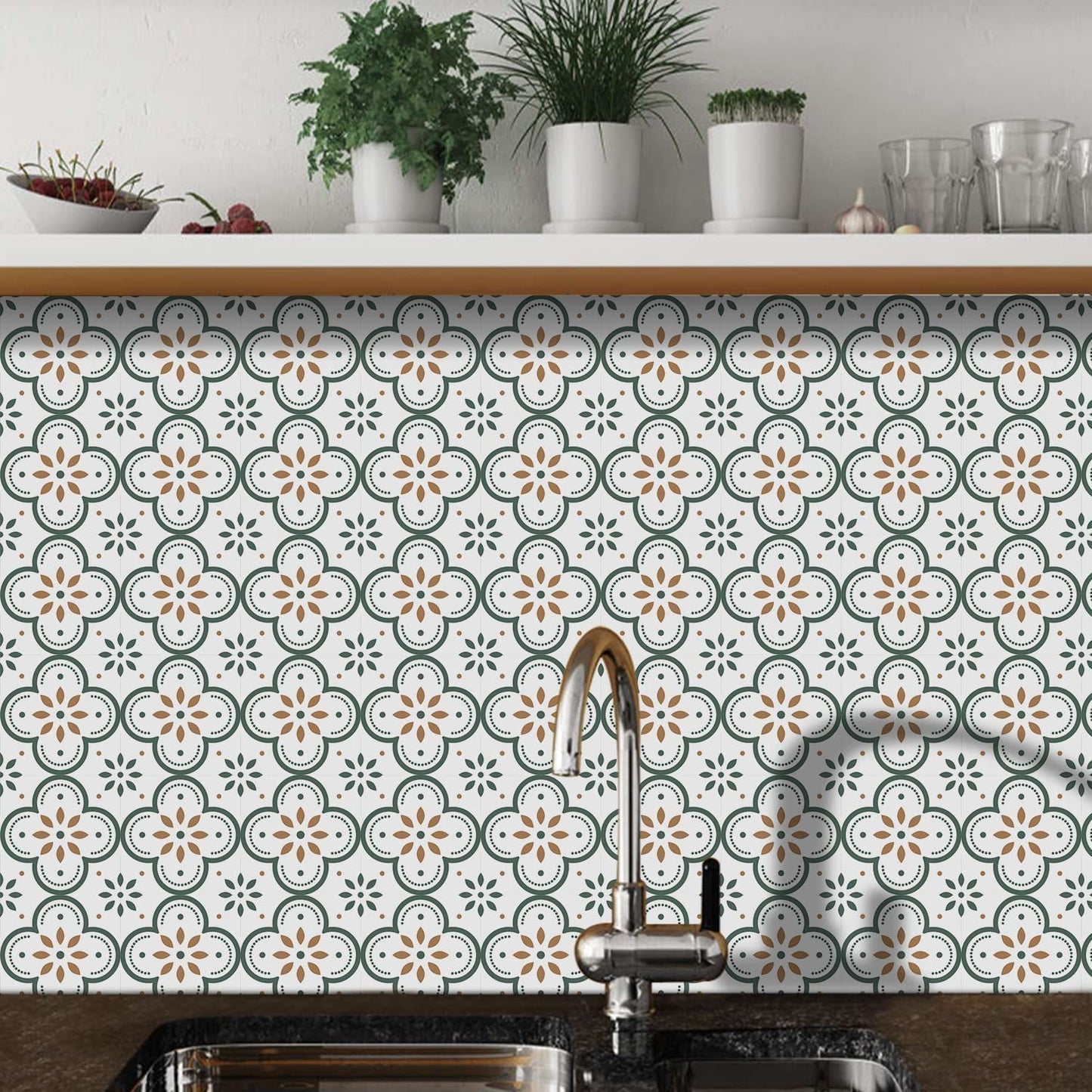 Kitchen backsplash adorned with elegant patterned Peel and Stick Tiles, enhancing the modern decor.
