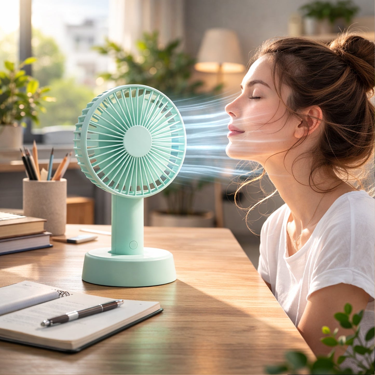 Angled view of the mini personal fan, highlighting its ergonomic and modern design.