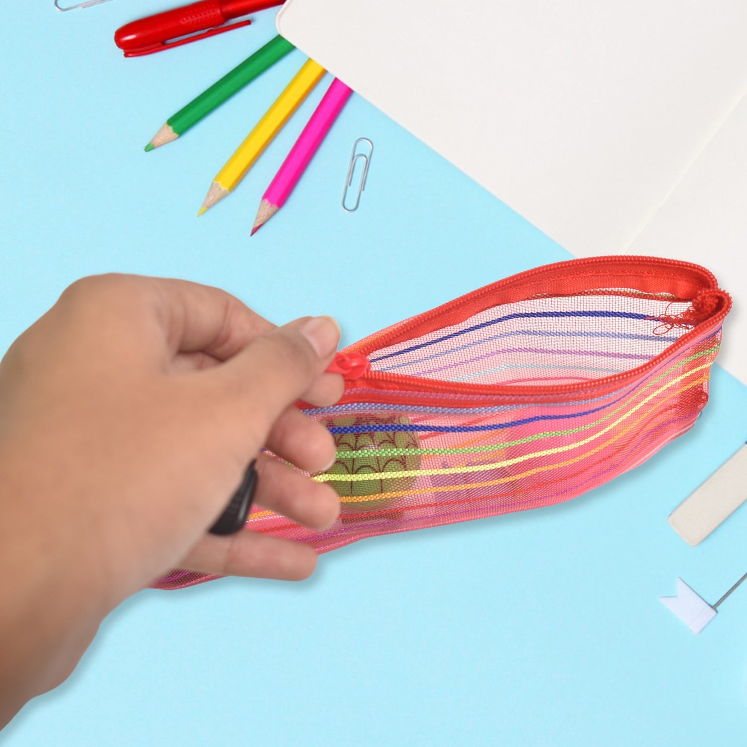 Assorted transparent mesh pouches, highlighting their multi-purpose functionality.