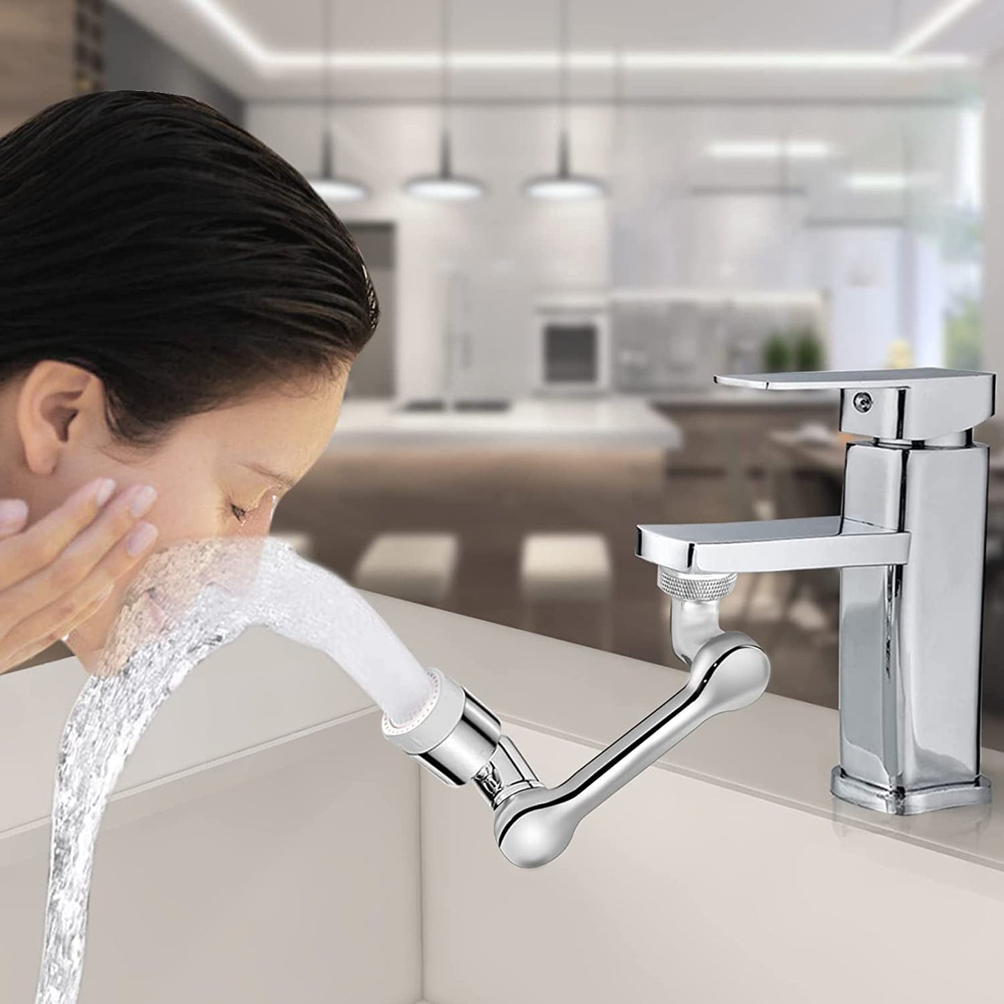 Chrome faucet extension showing splash-proof water outlet