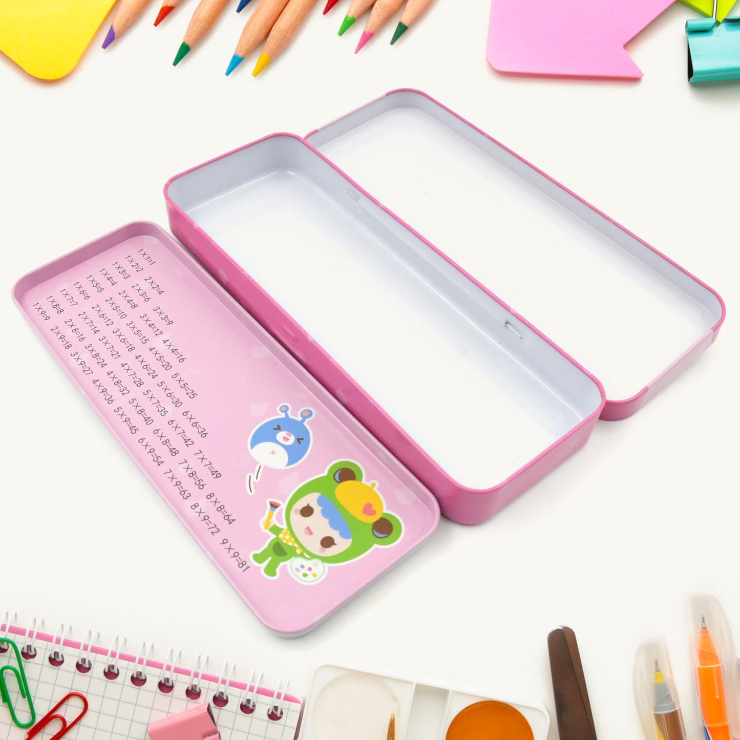 Close-up of the blue pencil box and art supplies from the kids stationery kit.