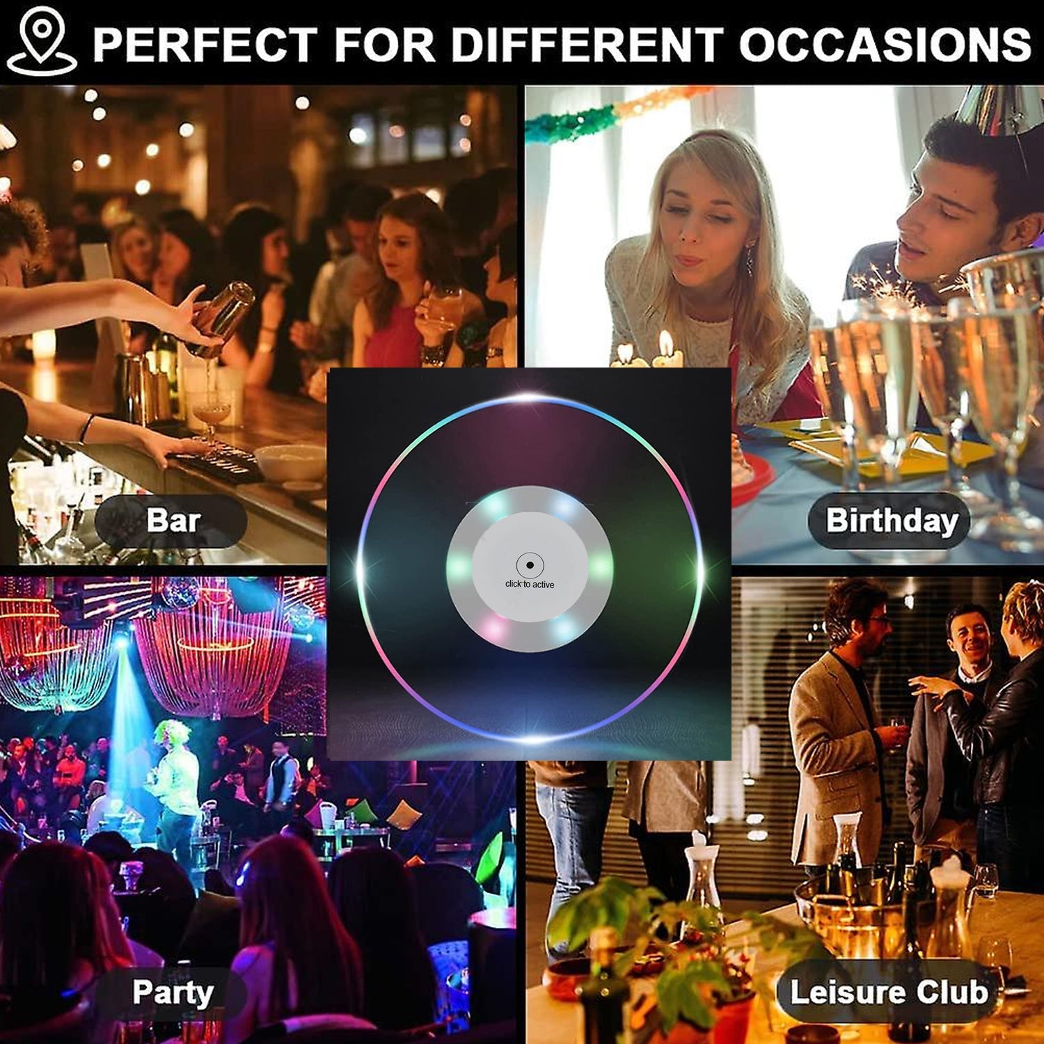 Set of round LED drink coasters illuminating beverages at a party.