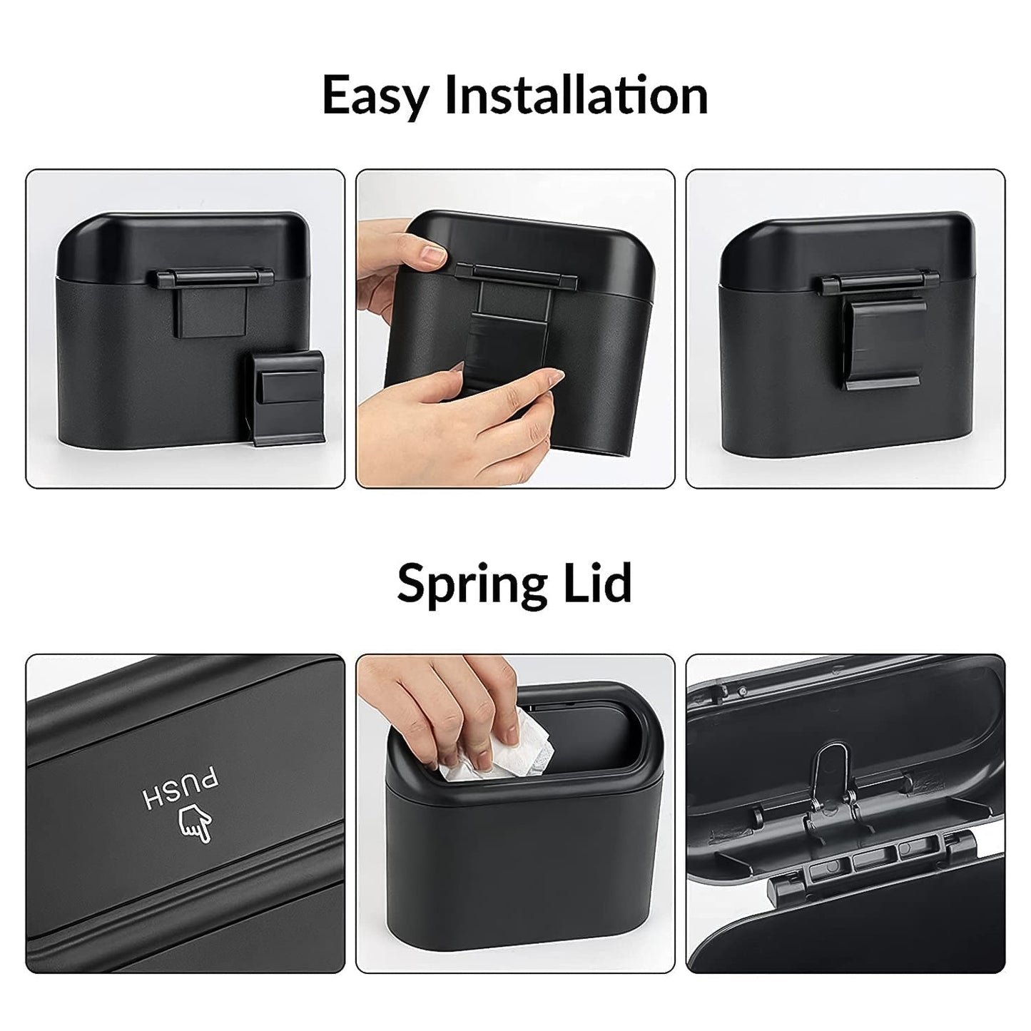 Mini car trash can showing secure lid detail for leak-proof use