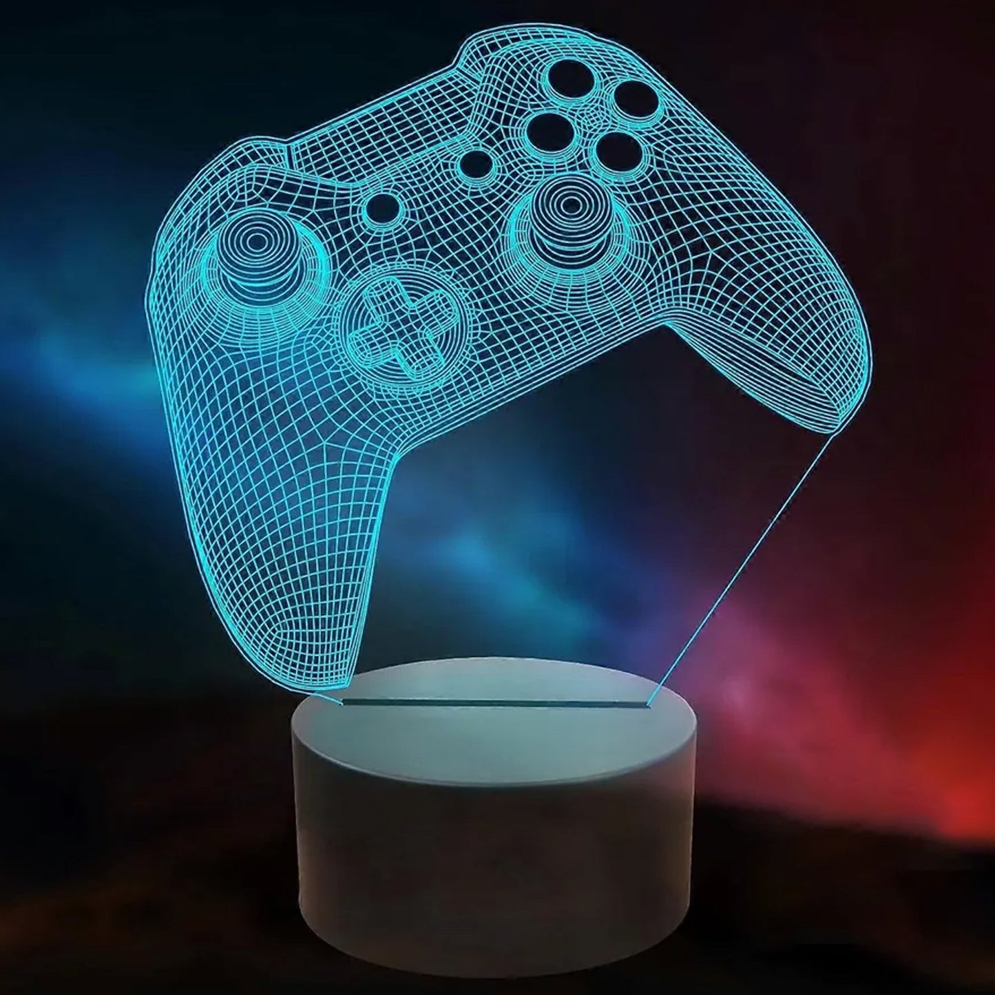 3D Illusion LED night lamp with gaming controller design illuminating in a dark room