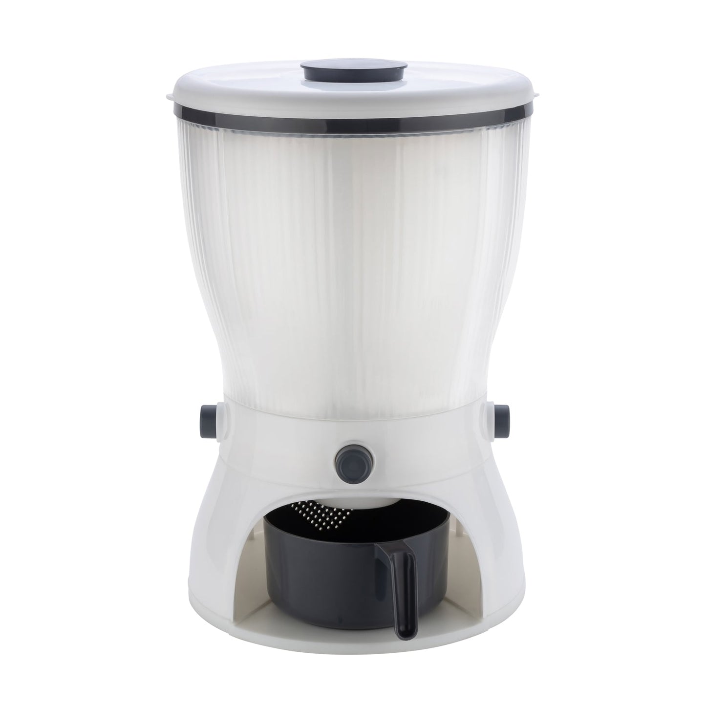 Detailed view of the easy-to-use push-button dispensing mechanism on the rice dispenser.
