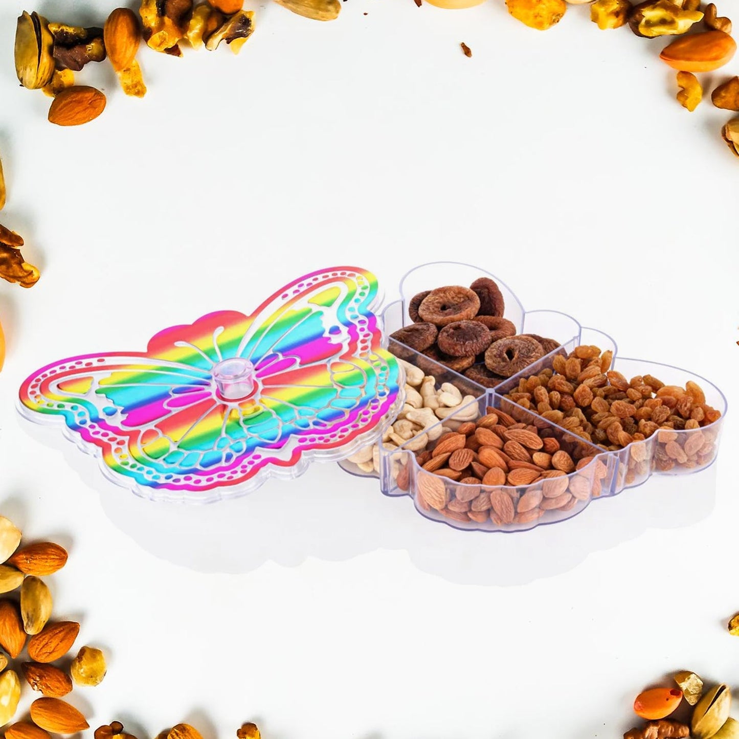 A beautiful butterfly dry fruit box filled with an assortment of dried fruits and nuts.