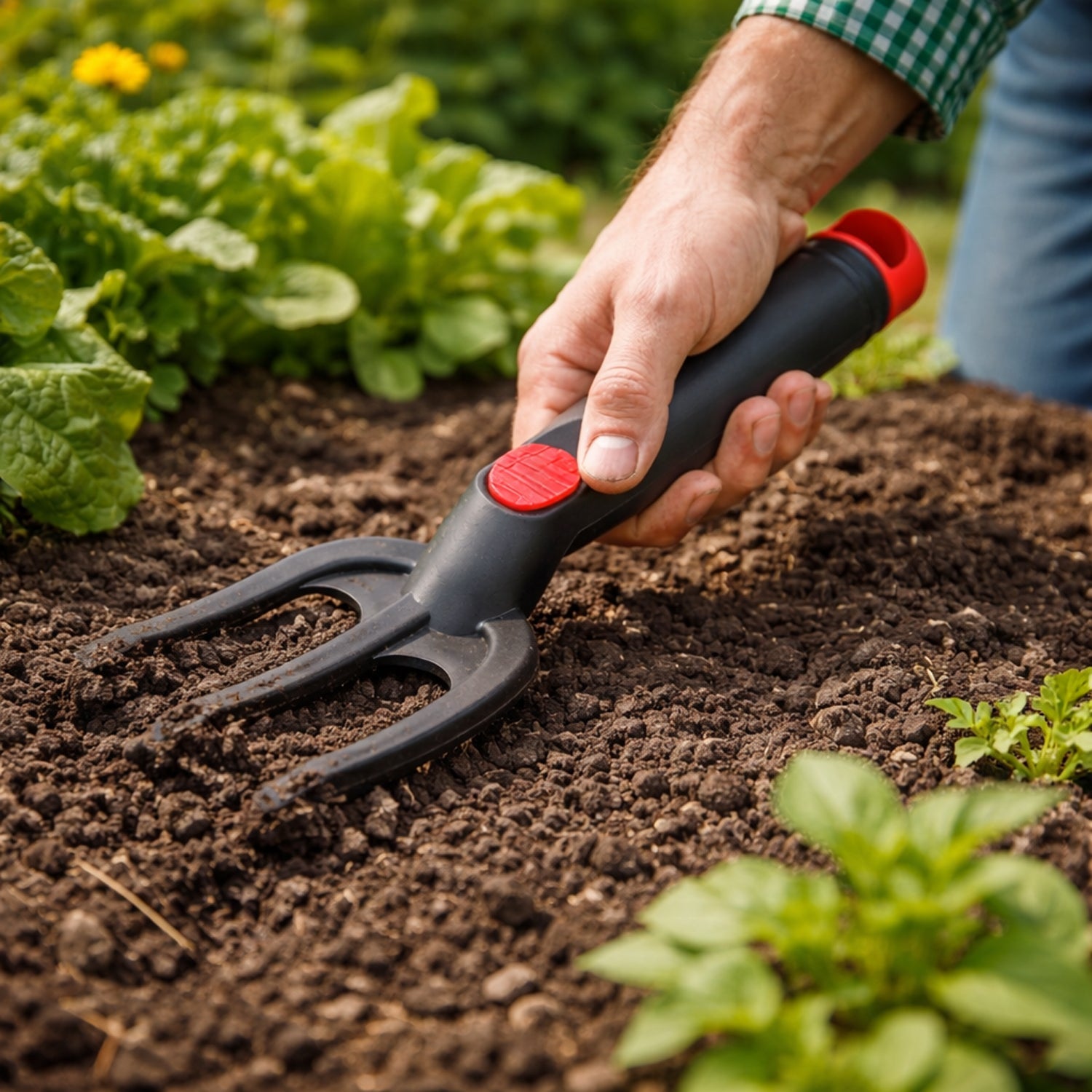 Garden hand cultivator fork used for manual soil cultivation and weeding
