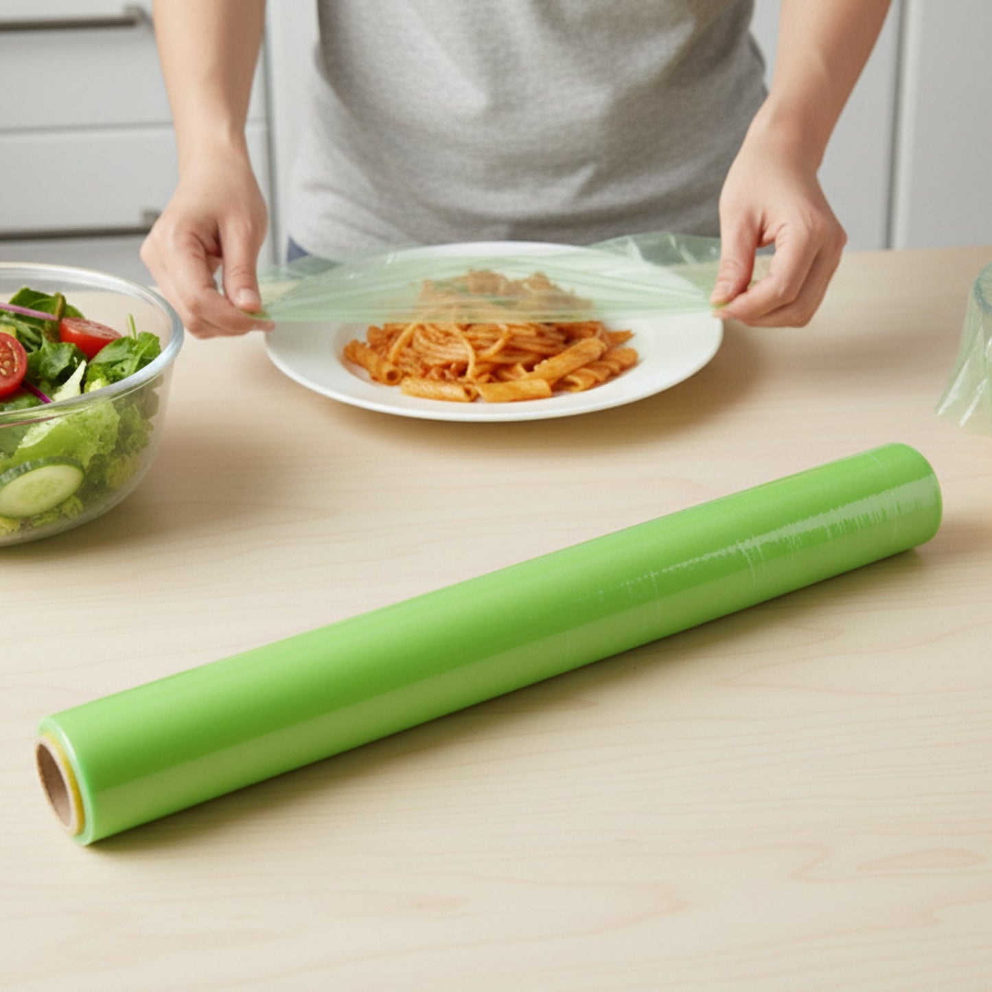 Biodegradable cling film roll showing clear plastic wrap for food storage