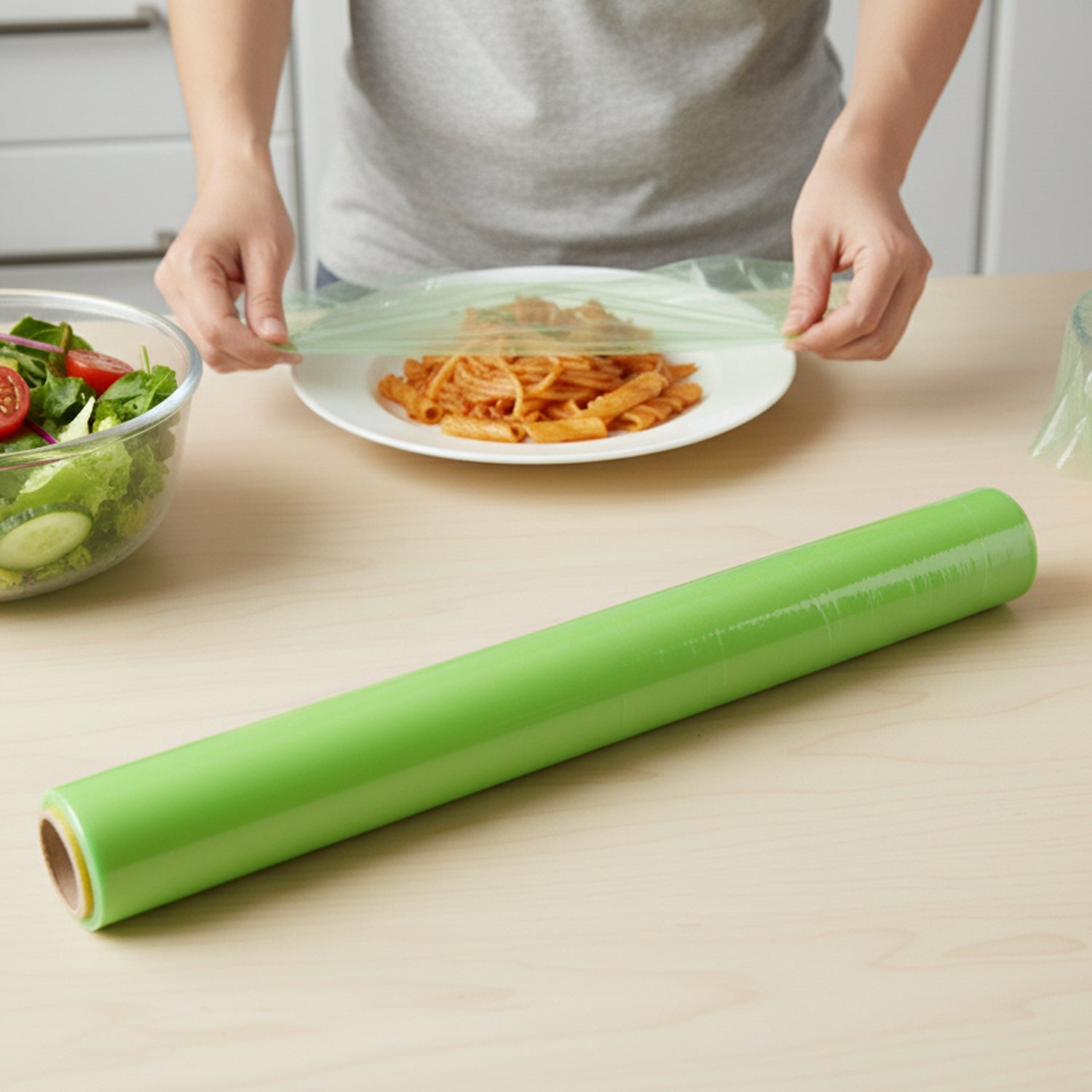 Biodegradable cling film roll showing clear plastic wrap for food storage