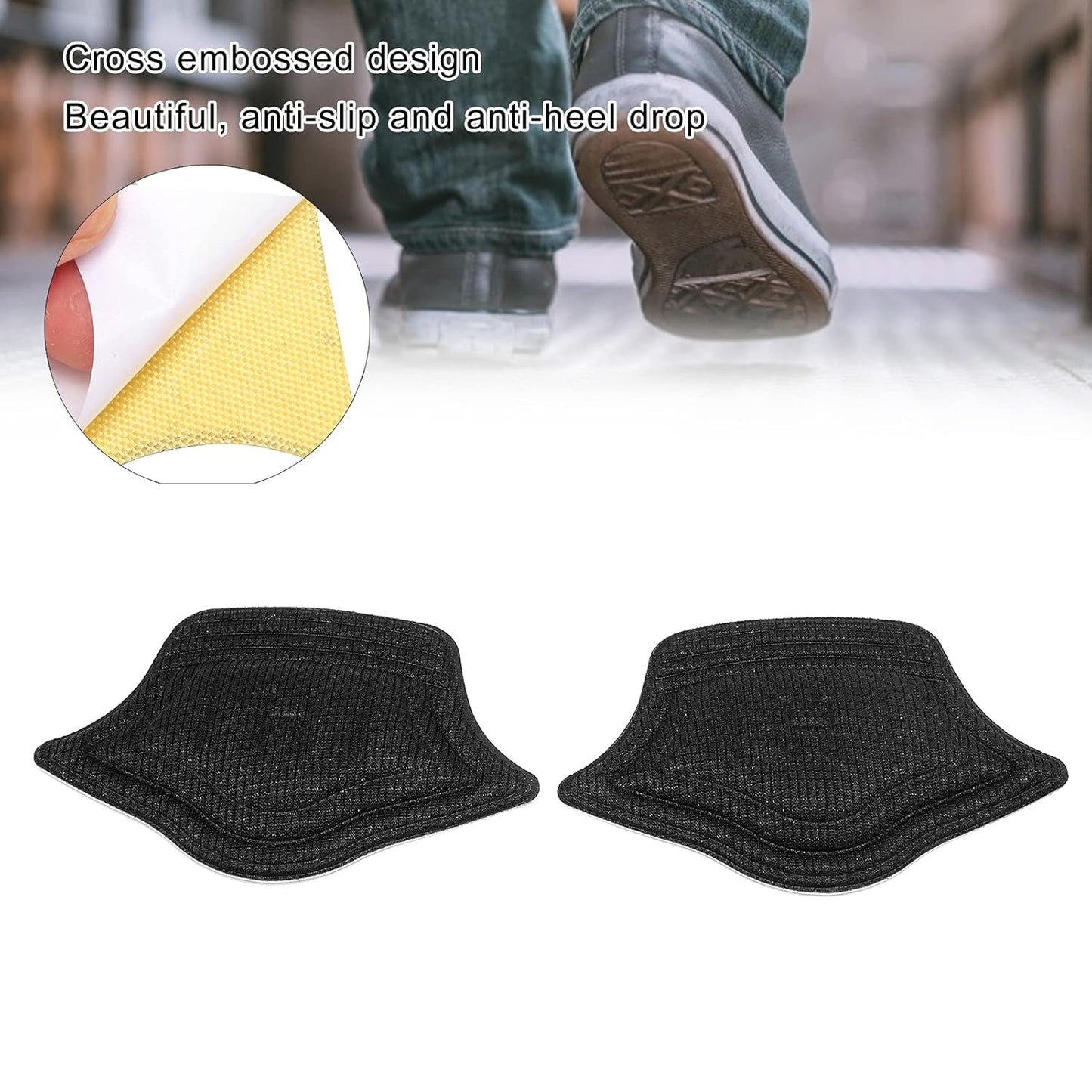 A single Heel Cushion Pad being flexed to demonstrate its elasticity and resilience, made from soft sponge material.