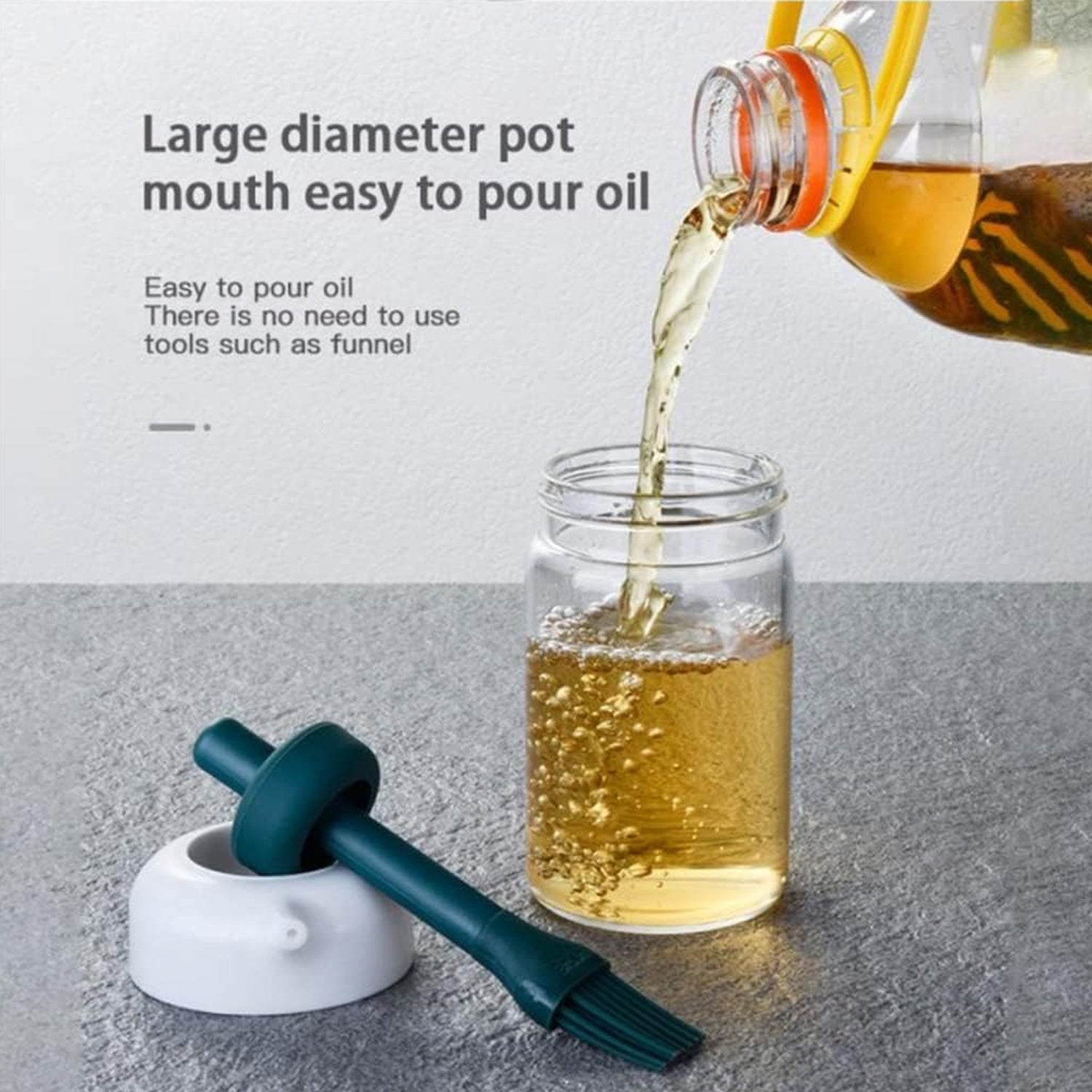 Leakproof glass oil bottle with an attached brush for easy and clean oil application.