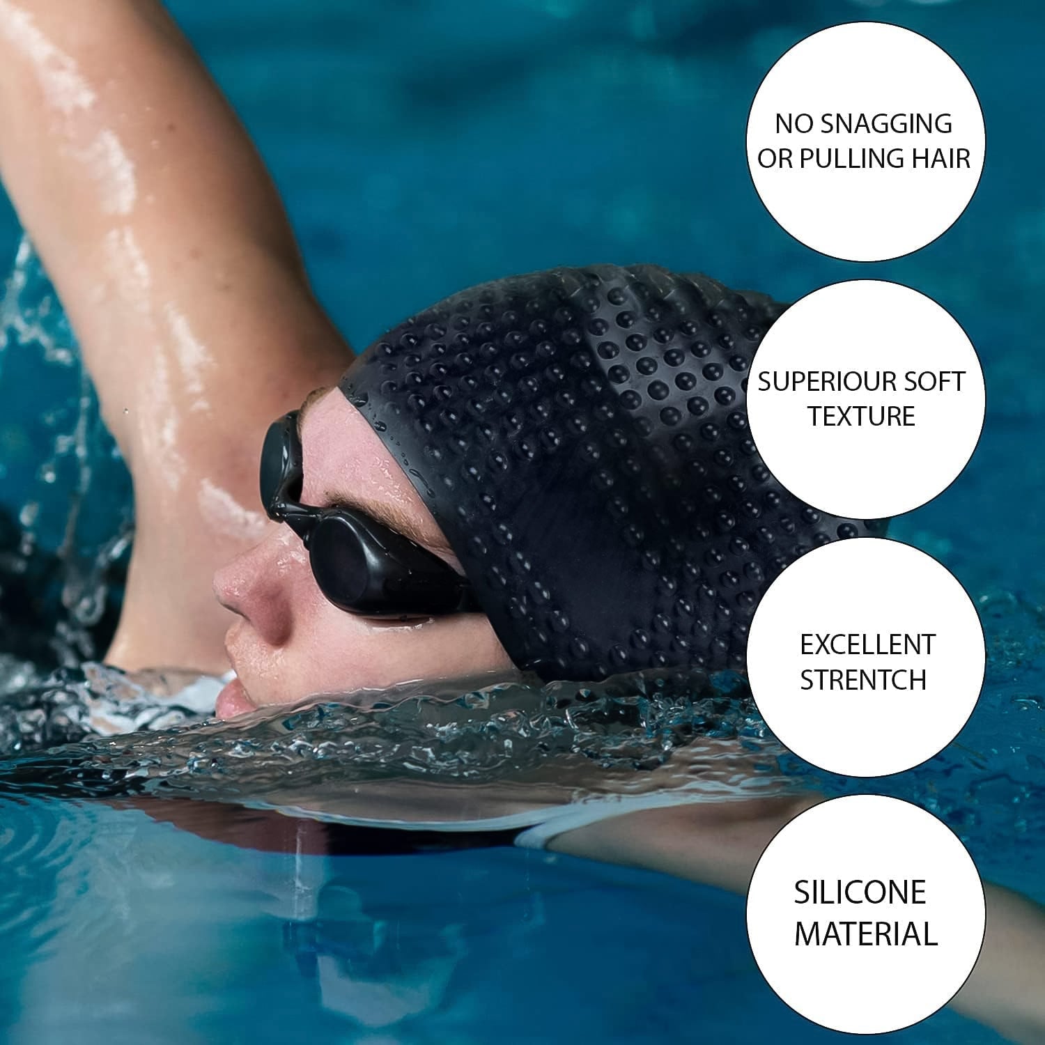Back view of silicone waterproof swimming cap
