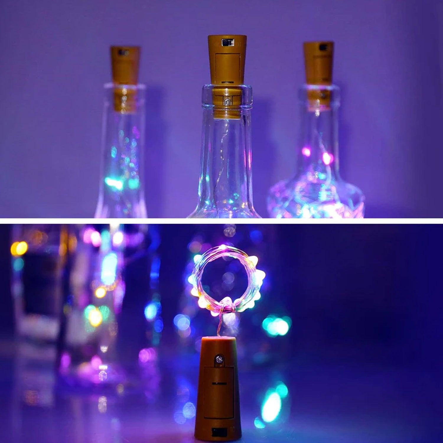 Cork style decorative bottle fairy lights glowing inside a clear glass bottle