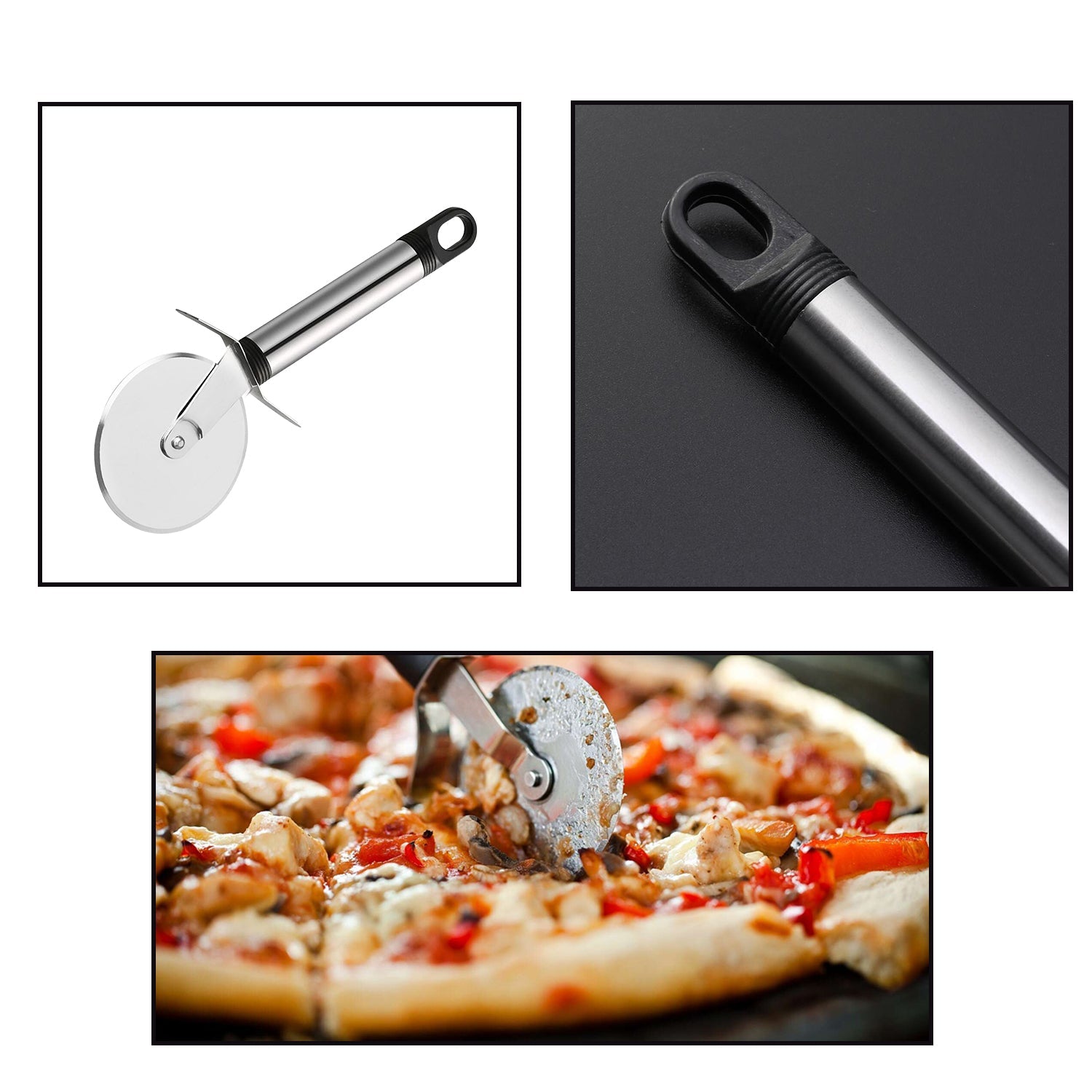 Stainless Steel Pizza Cutter demonstrating a clean, precise cut on a pizza.