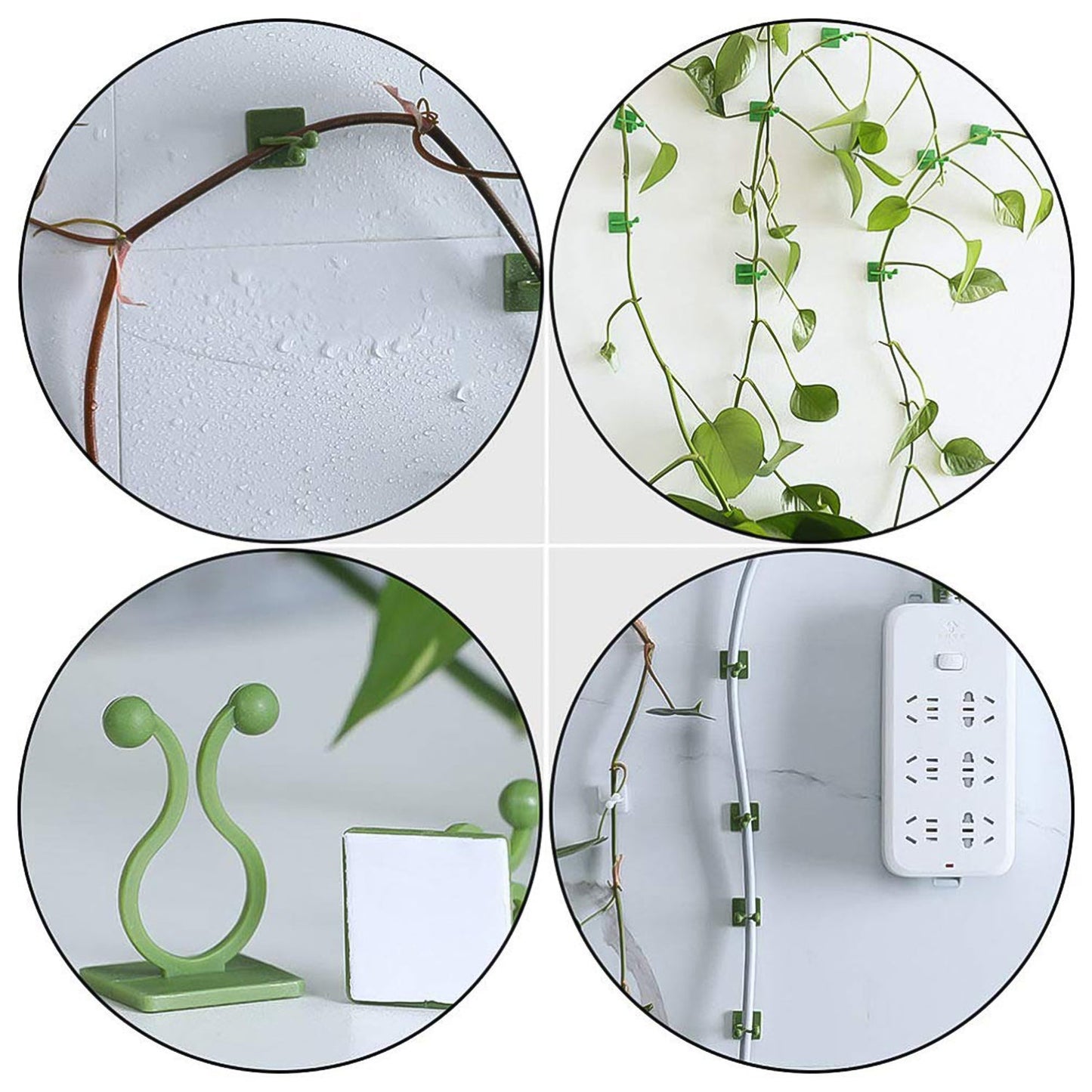 A set of green plant climbing clips ready for installation.
