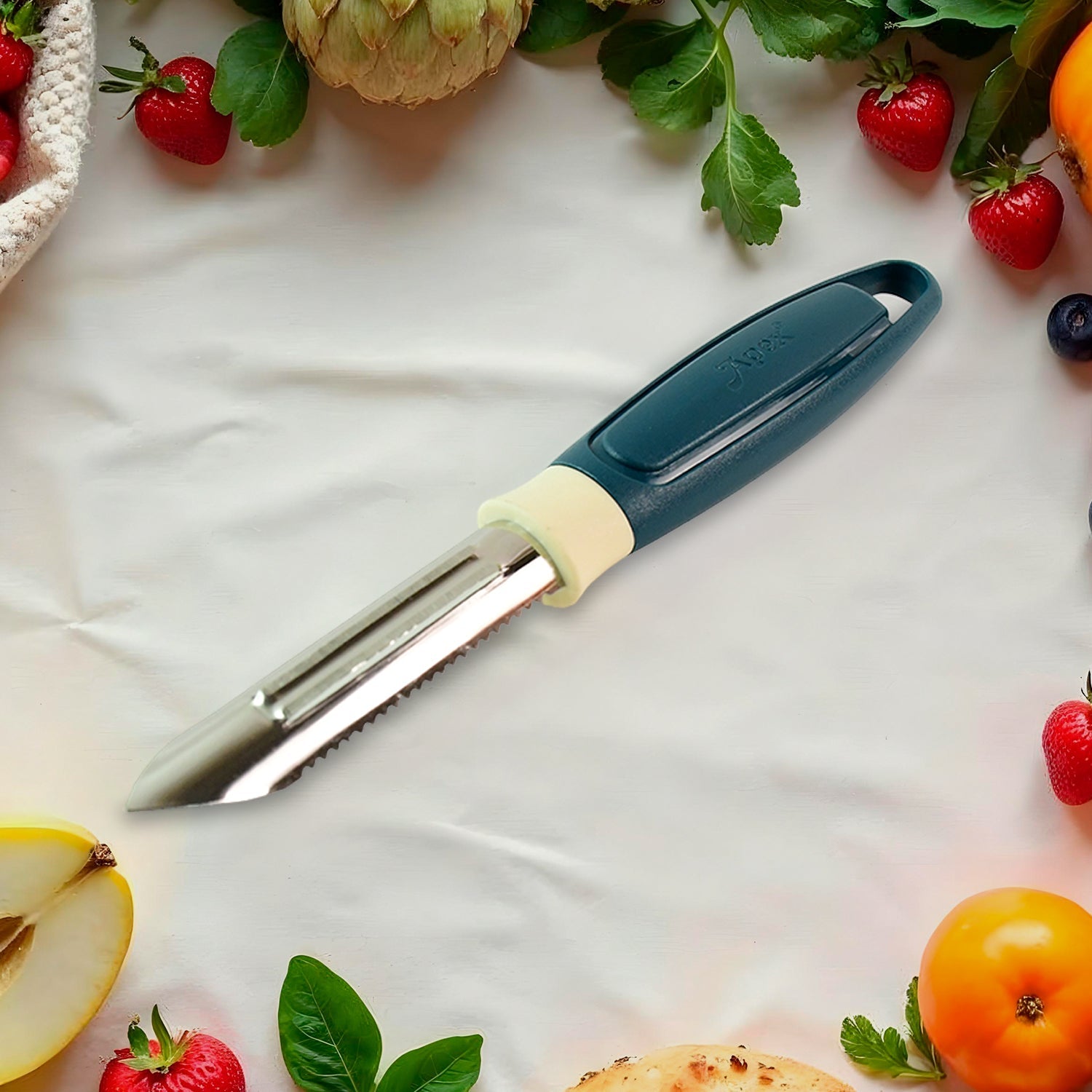 Stainless steel serrated blade potato peeler from Apex on white background