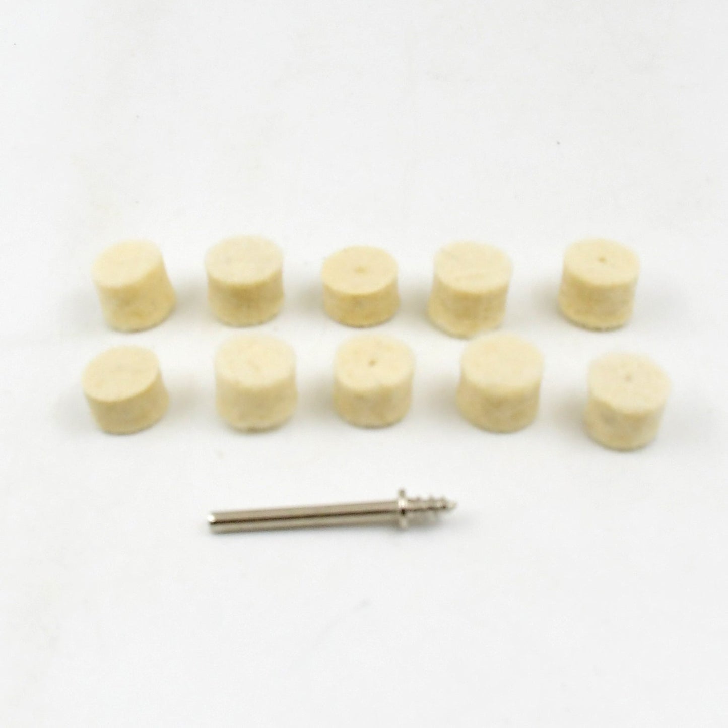 Different shapes of felt buffing wheels for grinding and polishing tasks.