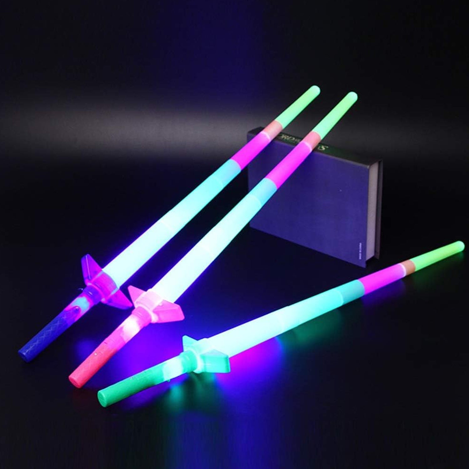 LED sword toy displayed on white background with vibrant lights