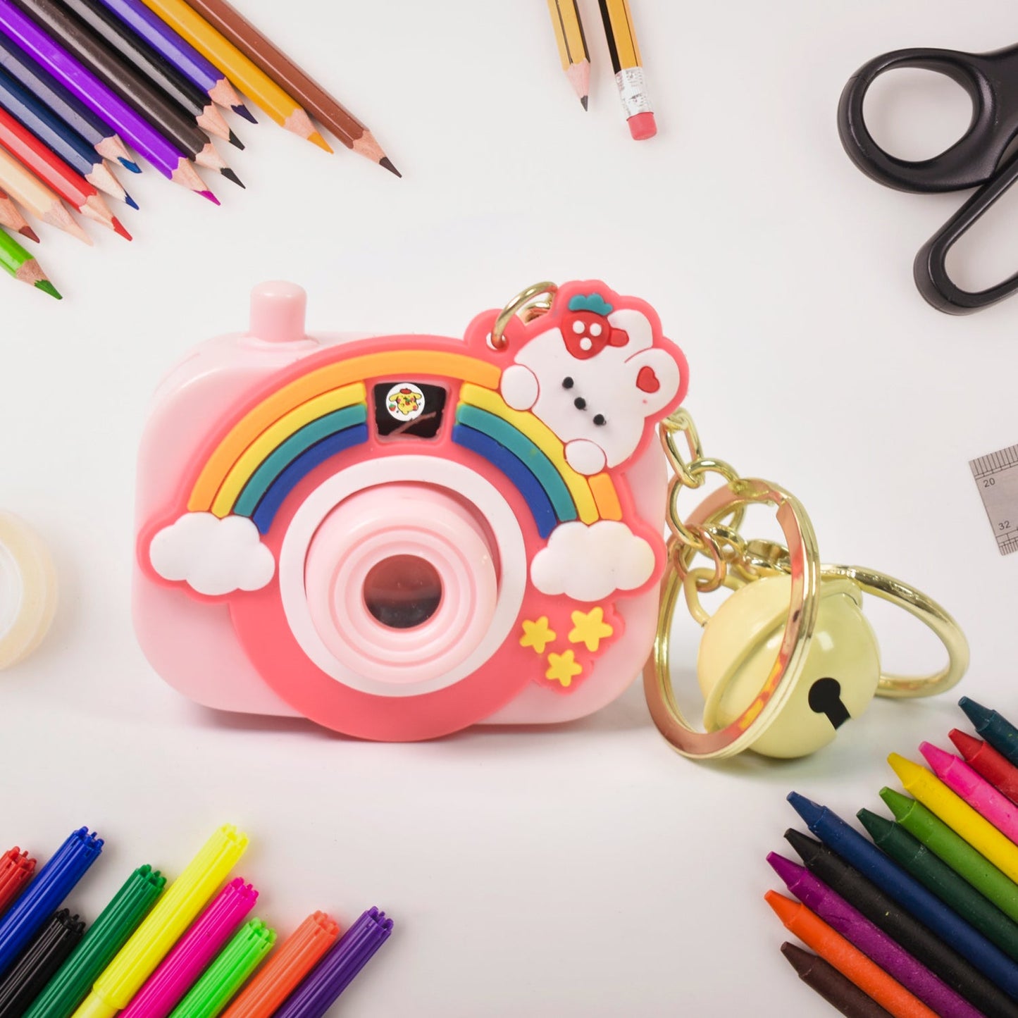 Projective camera keychain angle shot showcasing colorful design