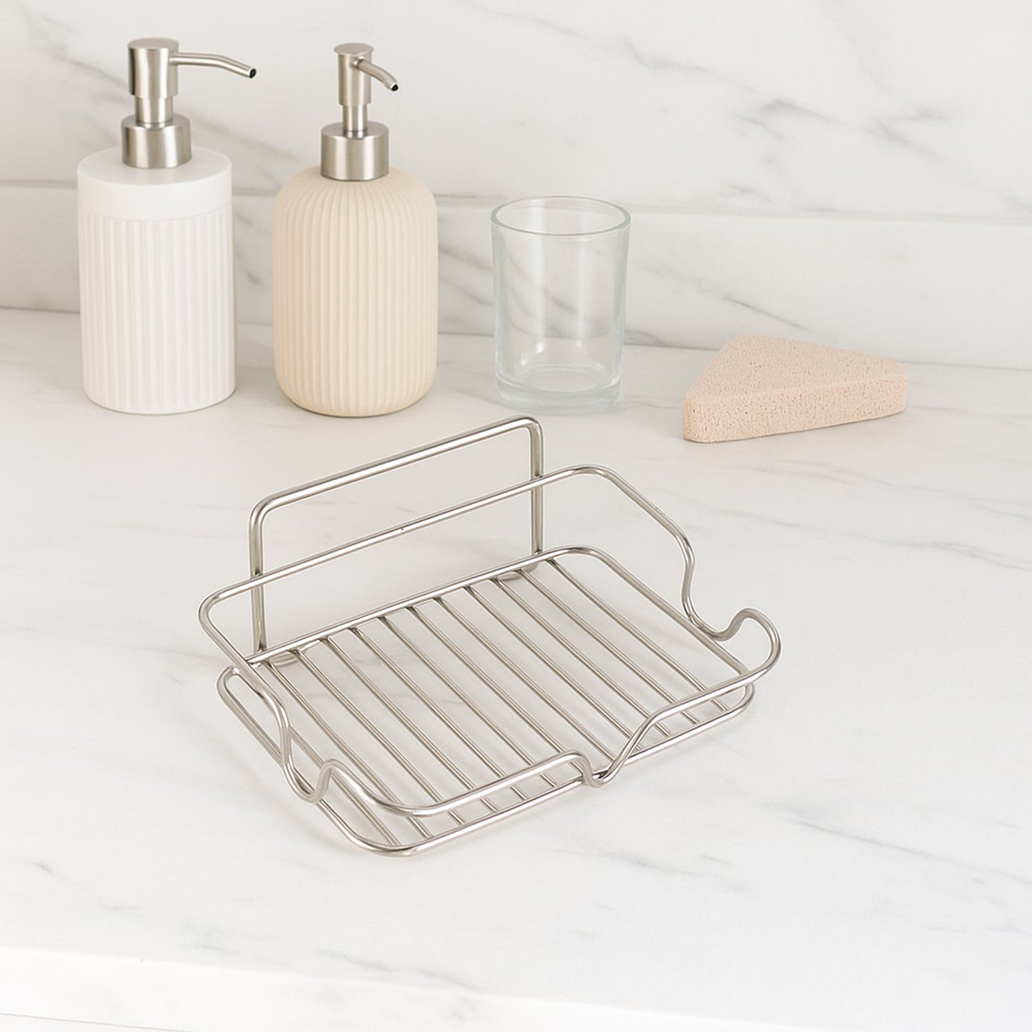 Soap holder tray in a clean bathroom setting with stainless steel build
